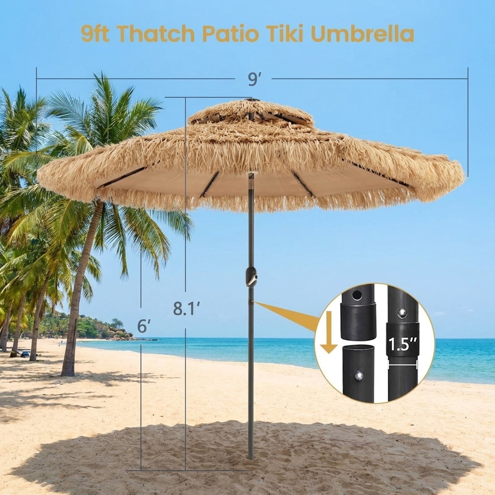 Biotree 9 Feet Solar Powered Thatched Tiki Patio Umbrella with Led Lights. Outdoor Backyard Deck Garden