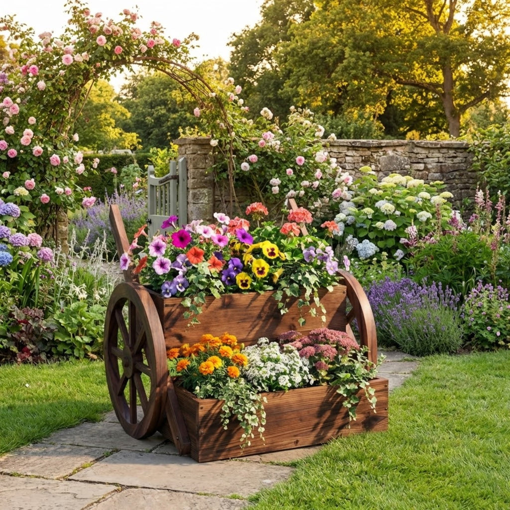 Biotree Rustic Wood Wagon Planter 2-Tier Versatile Raised Garden Bed with Wheels-Brown - Outdoor Backyard Patio Garden Planting