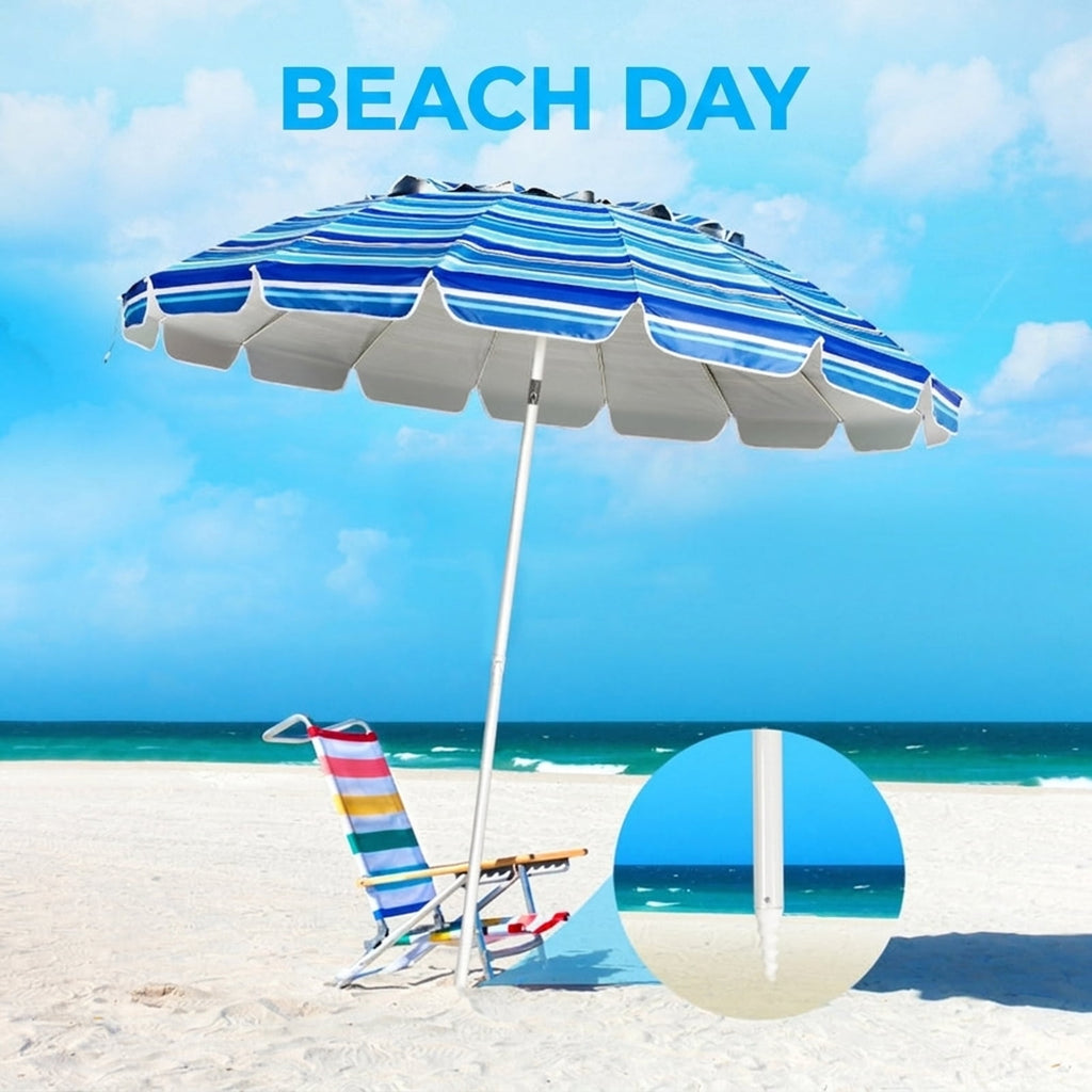 Biotree 8.0 ft Portable Beach Umbrella with Carrying Bag, 16 Ribs, Sand Tilt Mechanism - Navy Blue for Backyard