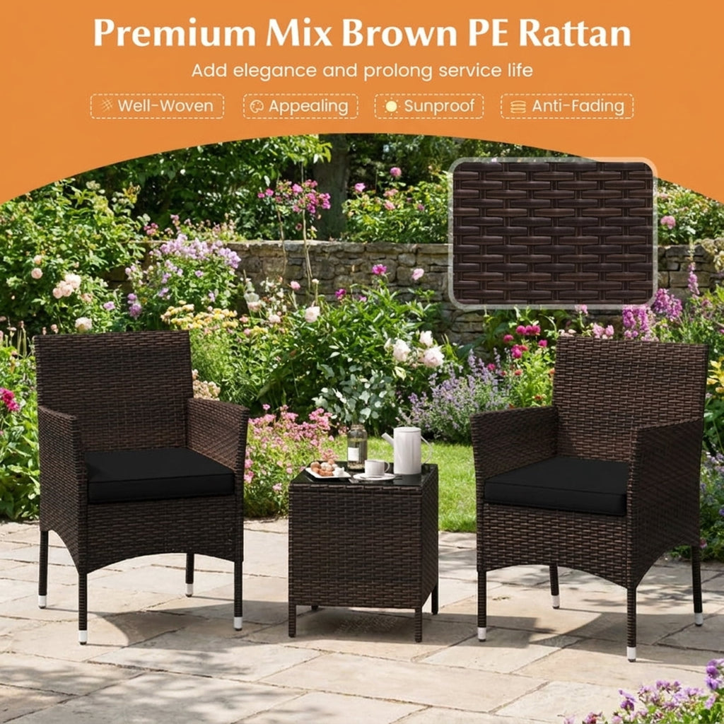 Biotree 3 Pieces Outdoor Conversation Set with Cushioned Seat and Glass Tabletop Outdoor Conversation Set for Garden Backyard PorchBlack