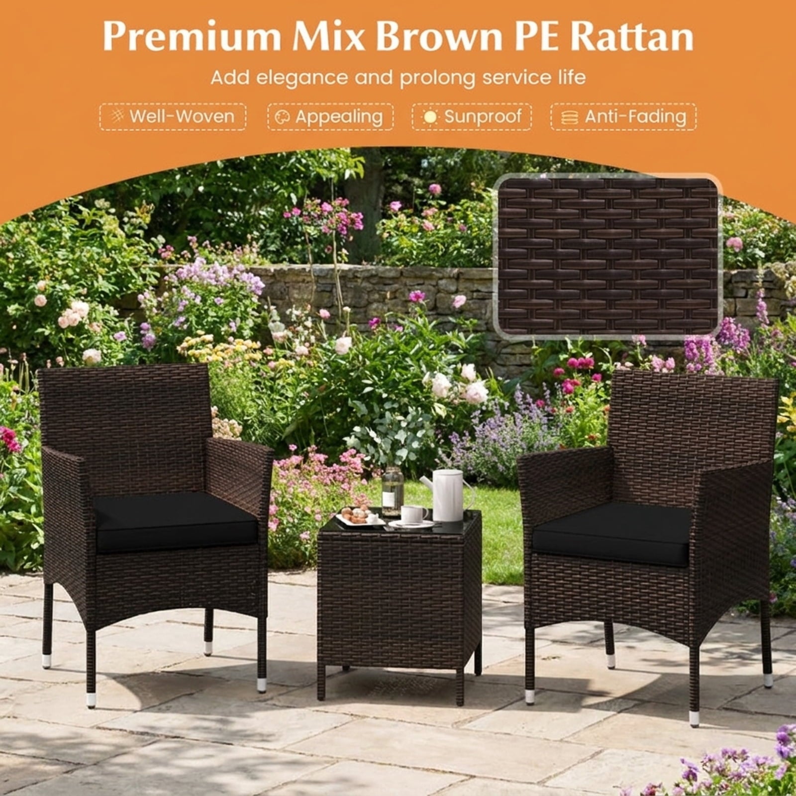 Biotree 3 Pieces Outdoor Conversation Set with Cushioned Seat and Glass Tabletop Outdoor Conversation Set for Garden Backyard PorchBlack