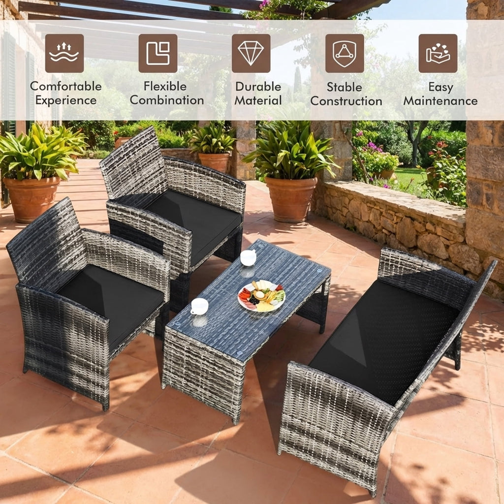 Biotree 4-Piece Patio Rattan Furniture Set with Glass Table-Black