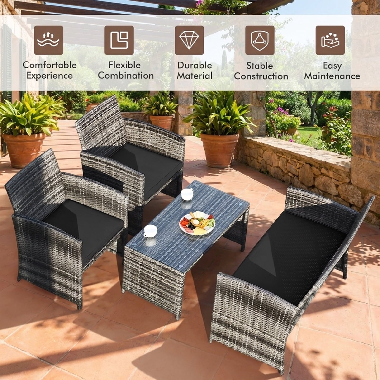 Biotree 4-Piece Patio Rattan Furniture Set with Glass Table-Black
