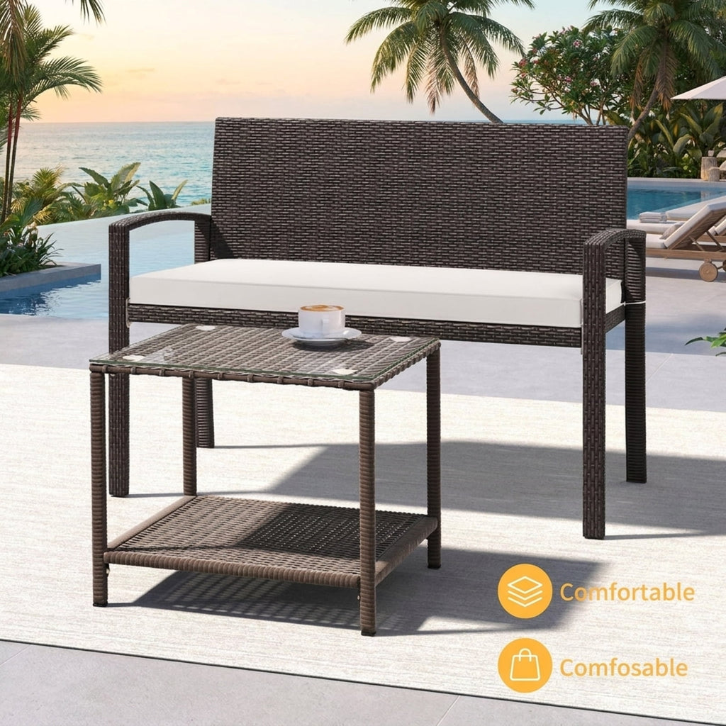 Biotree Wicker 2-Seat Bench with Soft Seat Cushion and Metal Frame Stackable Patio Chair for Garden BackyardWhite