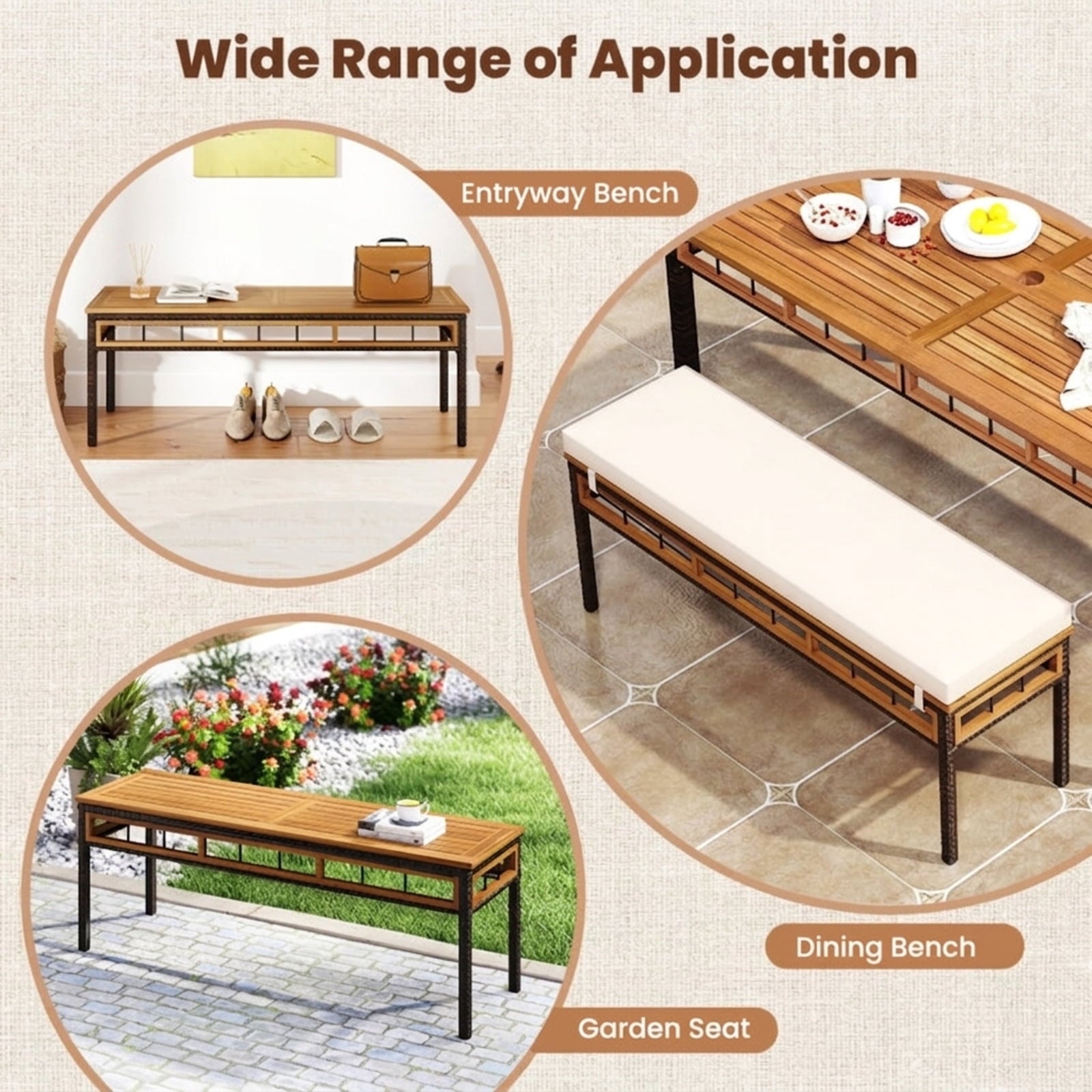 Biotree Wicker Patio Bench for 2 People 48invh Long Backless Dining Bench with Acacia Wood SeatWhite