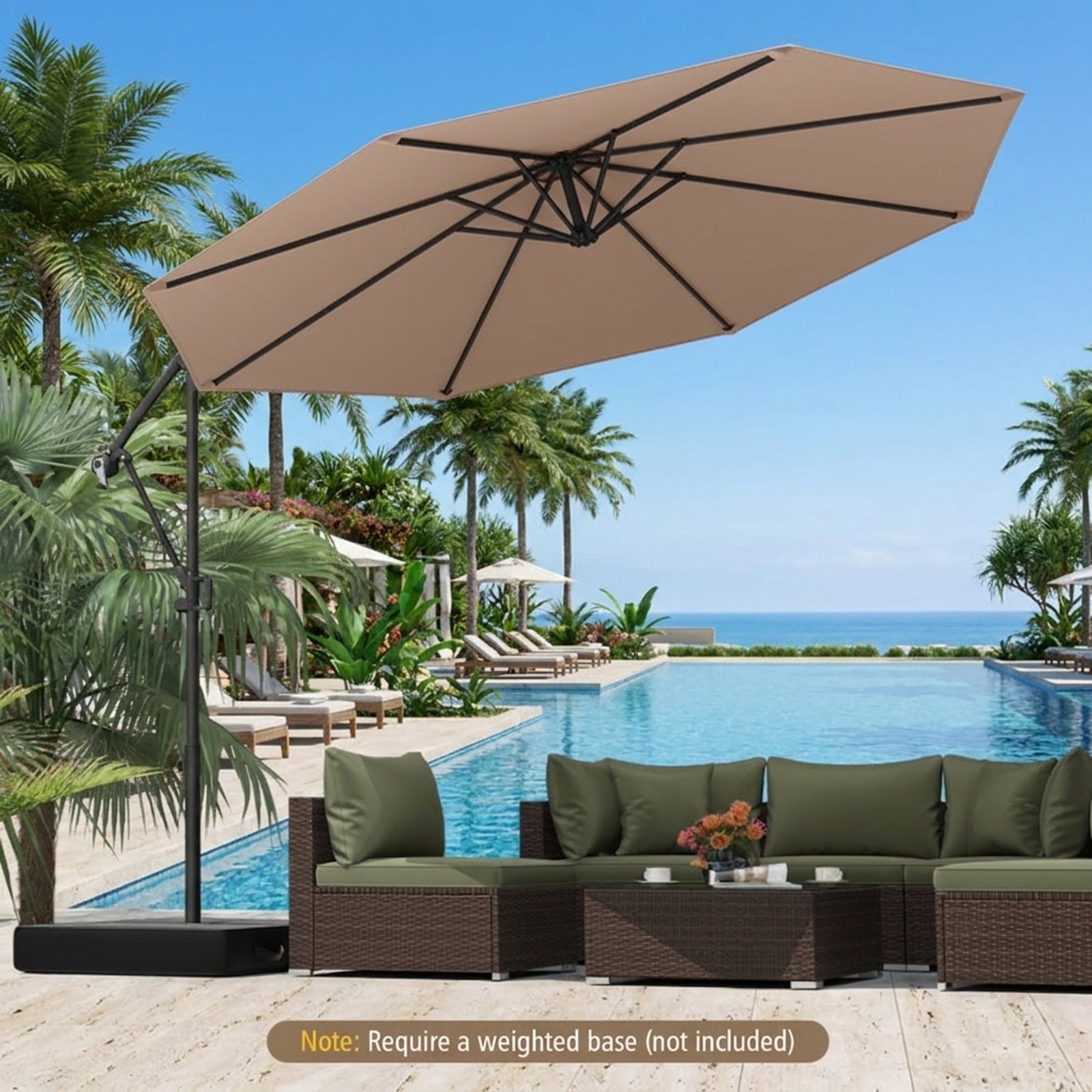 Biotree 10 ft Cantilever Patio Umbrella Offset Hanging with Cross Base, 8 Ribs - Beige for Backyard Garden Poolside