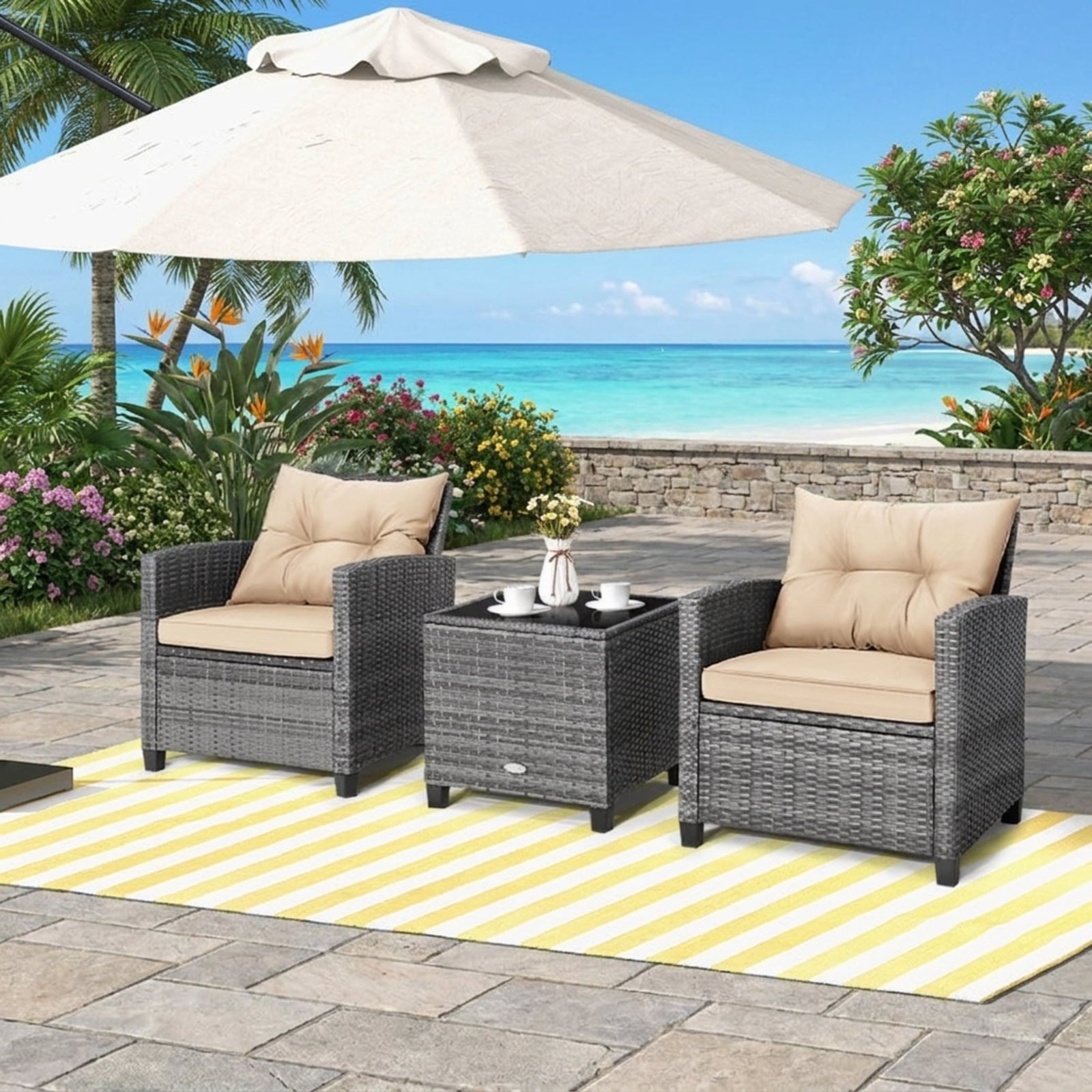 Biotree 3 Pieces Outdoor Wicker Conversation Set with Tempered Glass Tabletop Outdoor Conversation Set for Garden Backyard PorchBeige