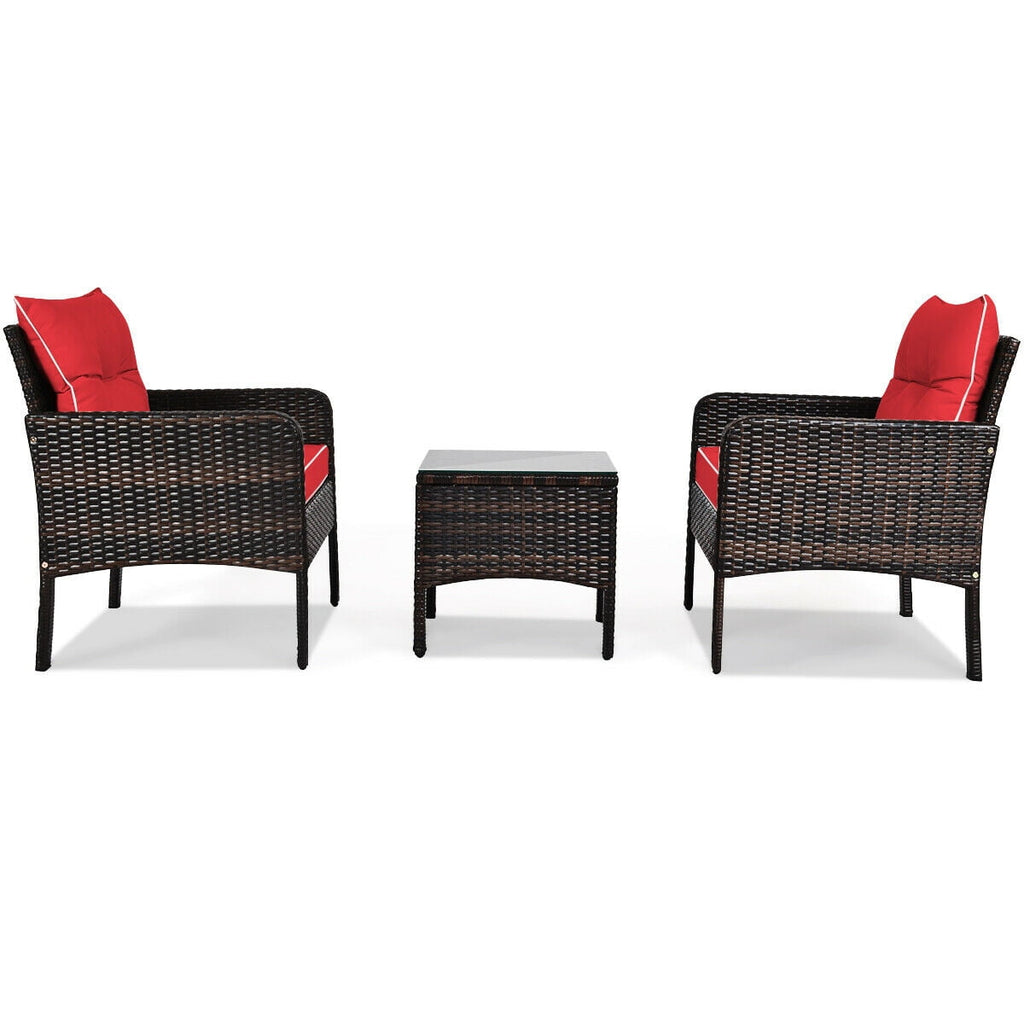 Biotree 3-Piece Patio Rattan Conversation Set with Cushions-Red
