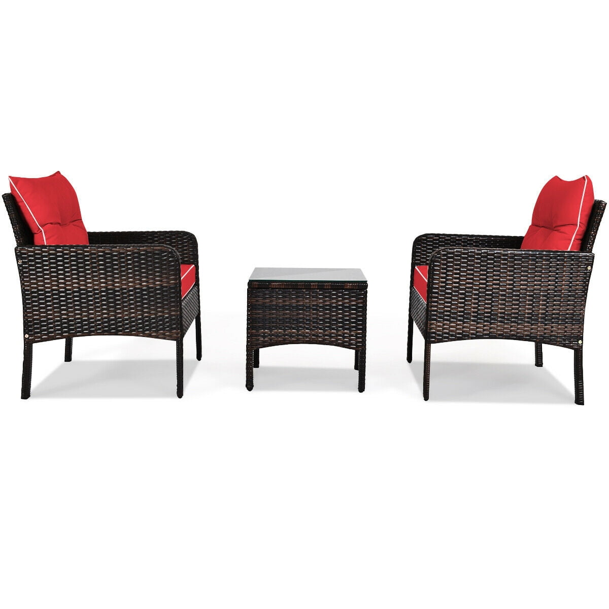 Biotree 3-Piece Patio Rattan Conversation Set with Cushions-Red