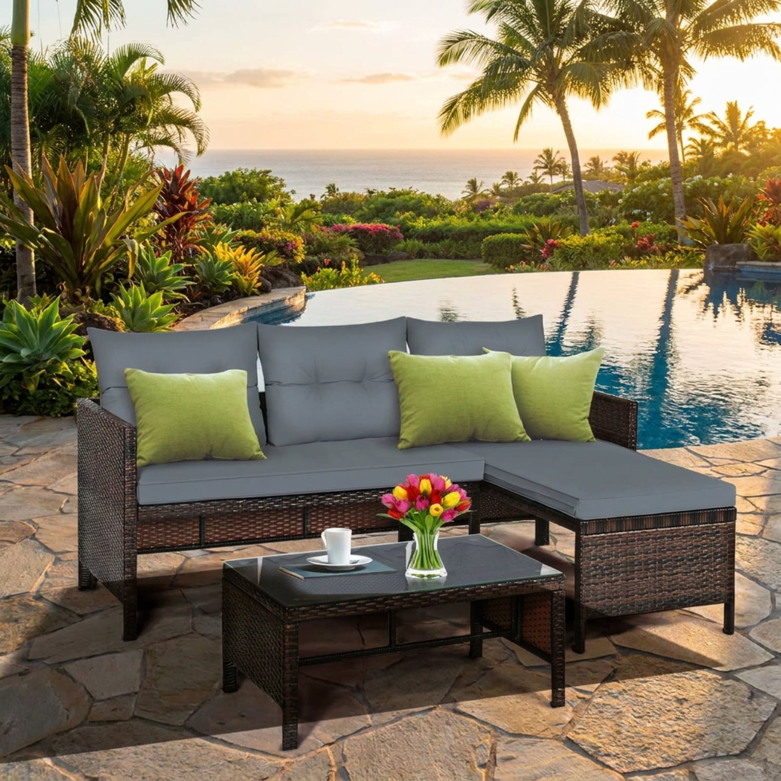 Biotree 3 Pieces Patio Wicker Rattan Sofa Set Outdoor Conversation Set for Garden Backyard PorchGray