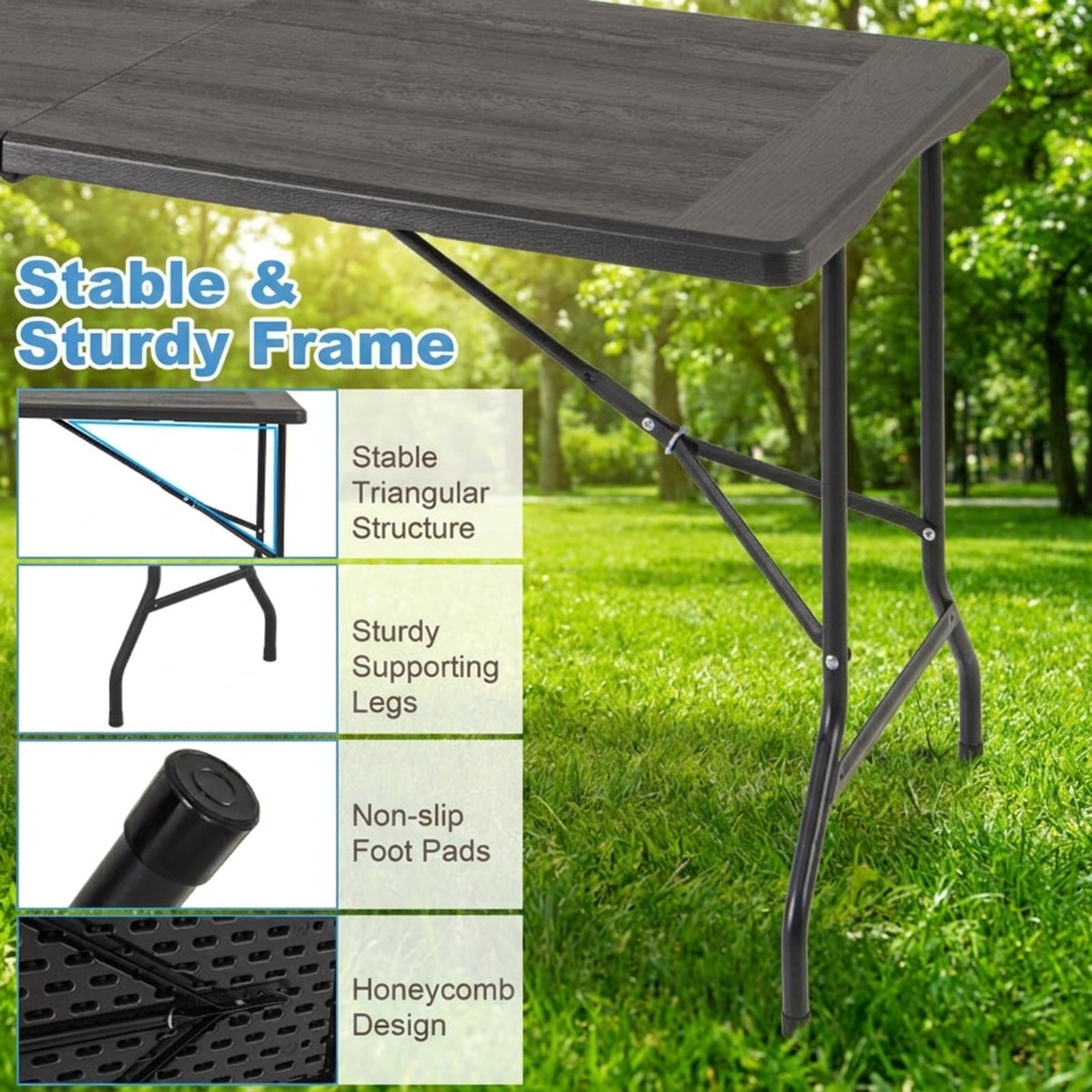 Biotree 5FT Folding Picnic Table with Wood Grain HDPE Tabletop and Non-slip Foot Pads, Black