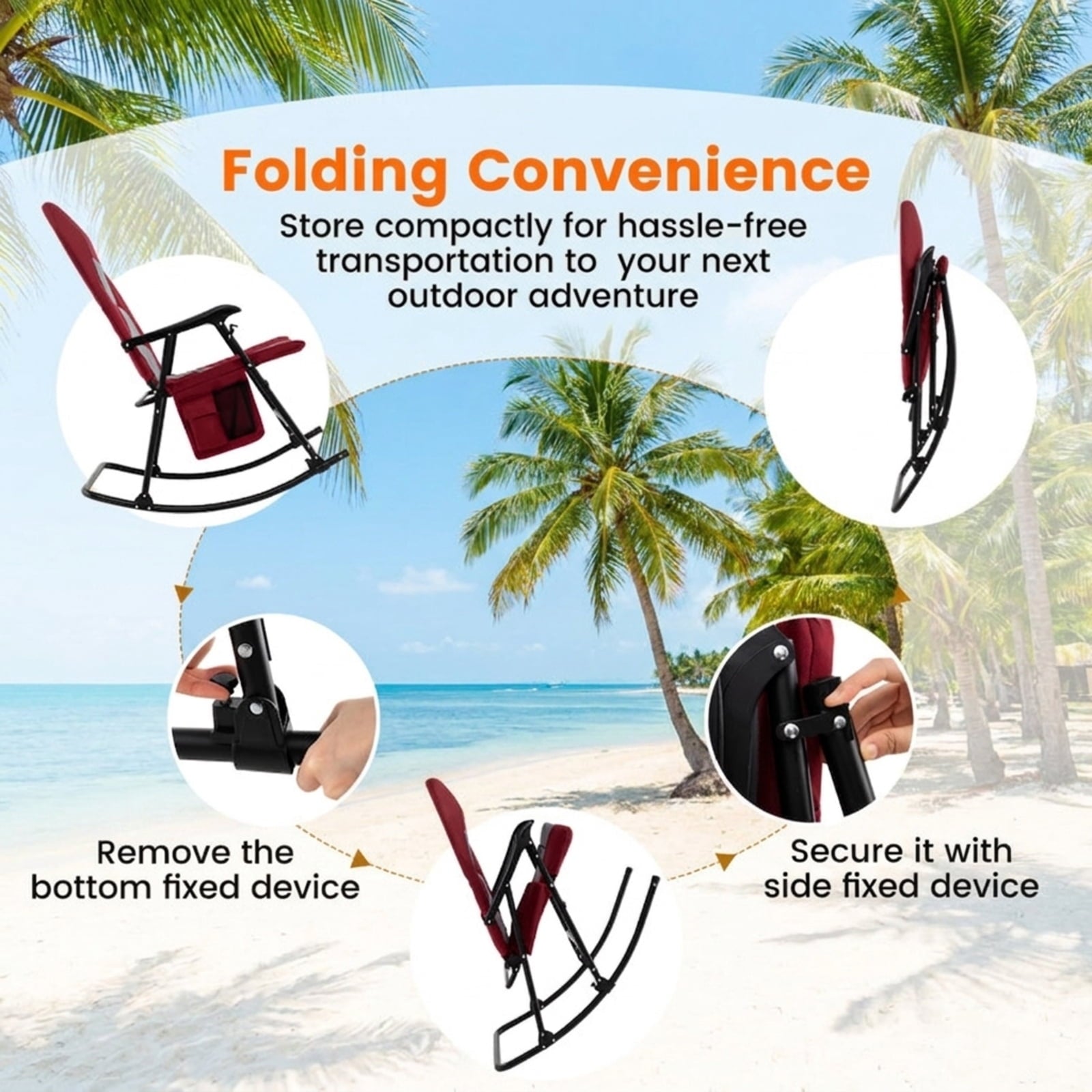 Biotree Foldable Rocking Padded Portable Camping Chair with Backrest and Armrest Stackable Patio Chair for Garden BackyardRed