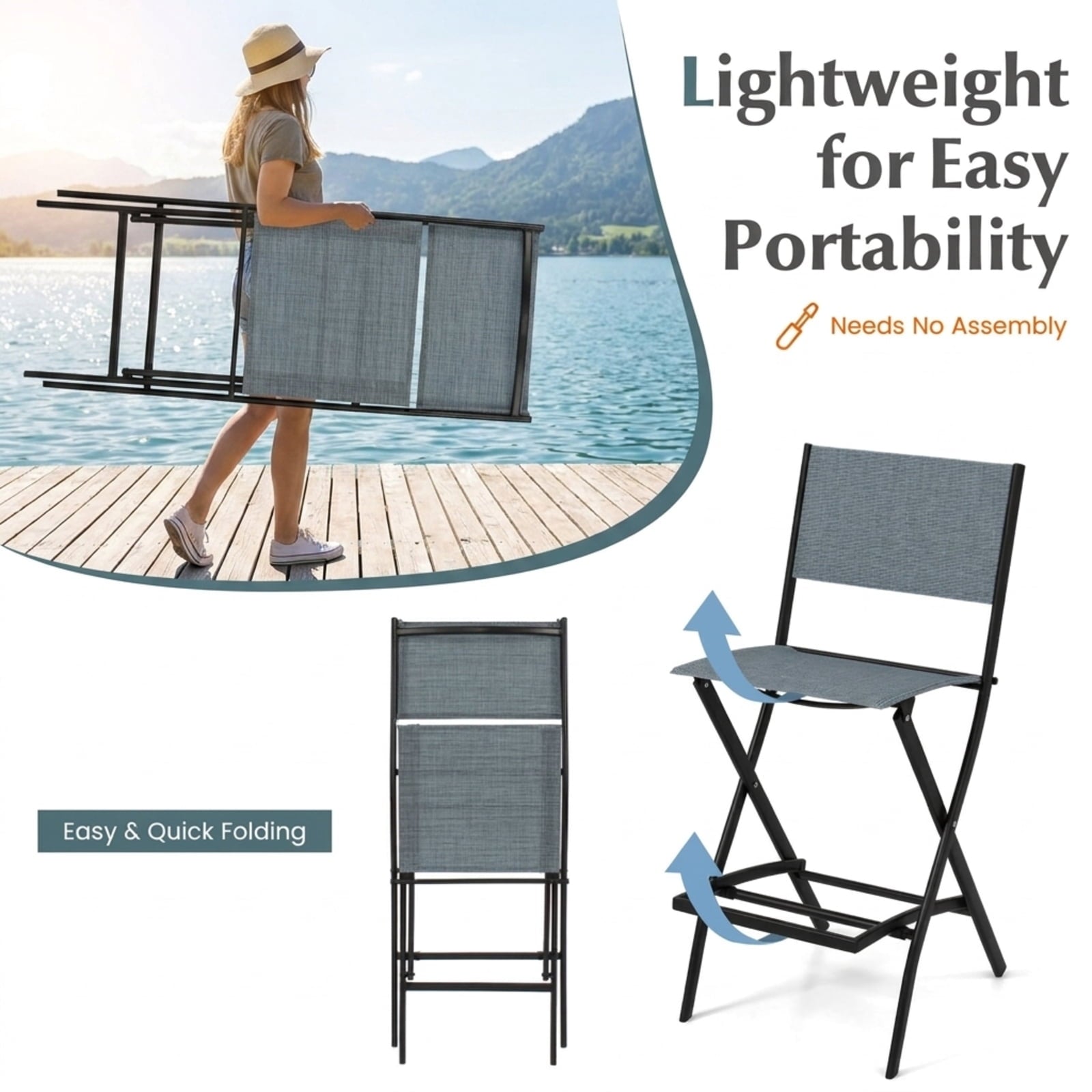 Biotree Folding Bar Stools Set of 2 Backrest Humanized Footrest for Patio Porch Garden Backyard Outdoor, Blue