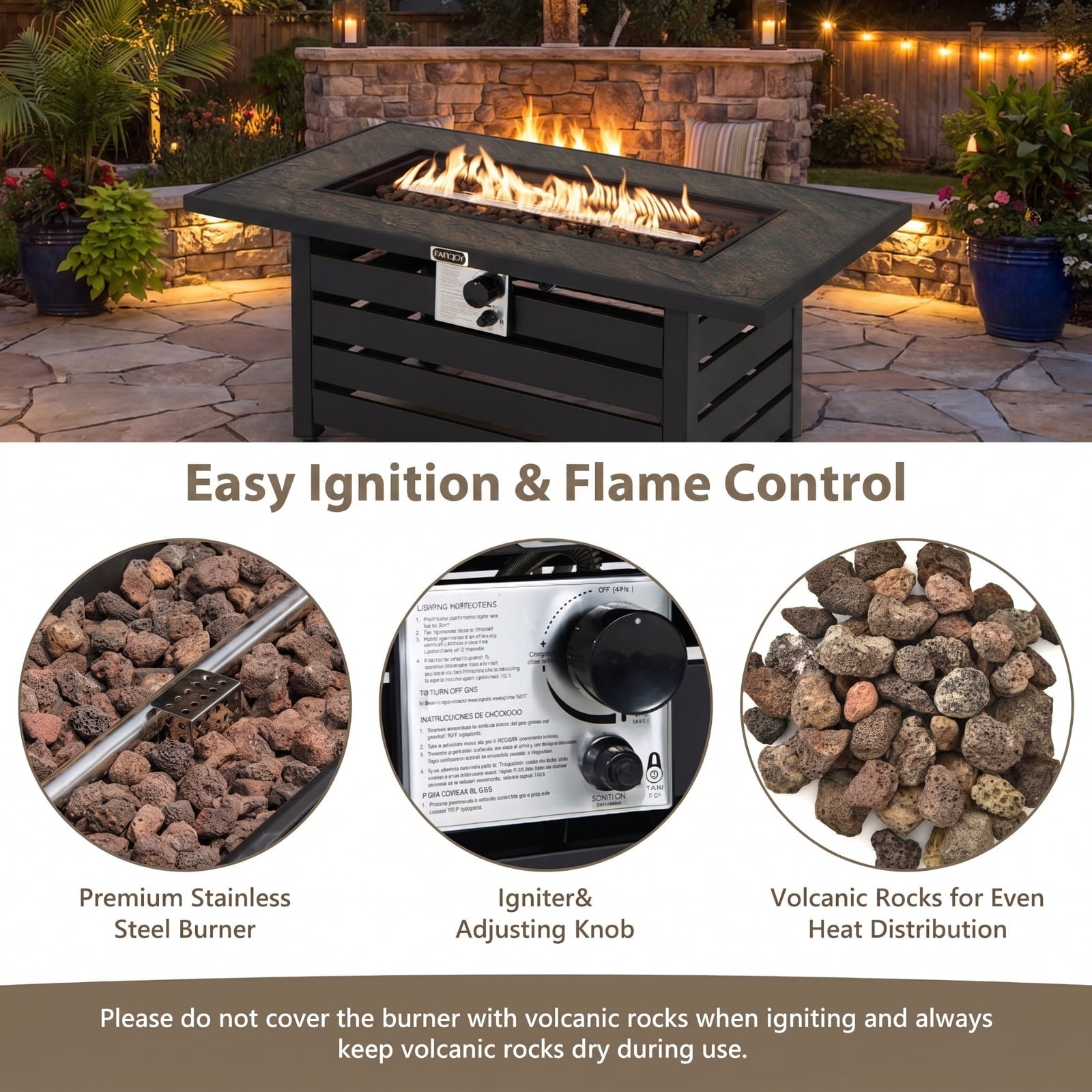 Biotree 42 Inch 50000 BTU Propane Fire Pit Table with Ore Powder Surface for Outdoor Patio Backyard Garden Camping, Black