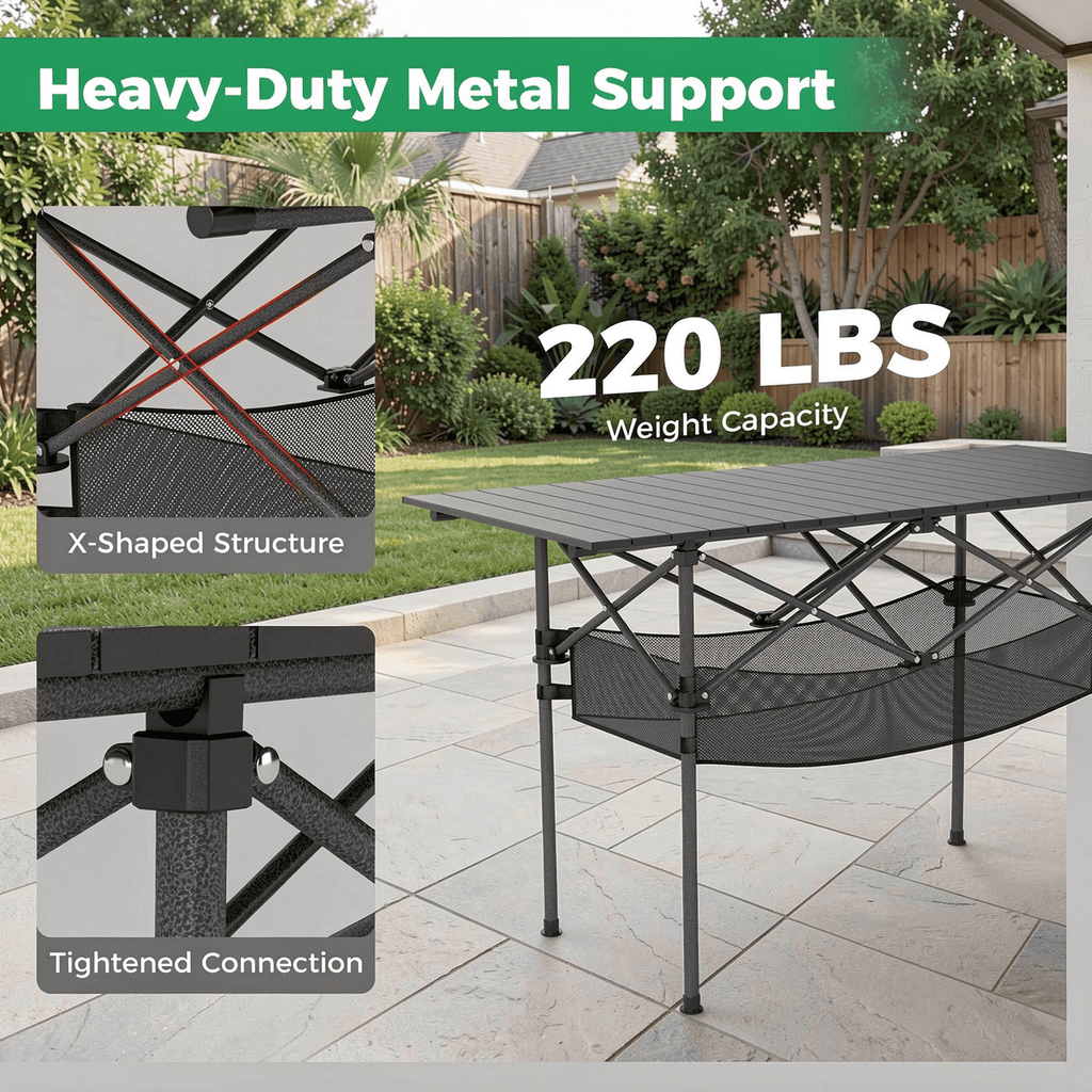 Biotree Patio Folding Camping Table with Roll-Up Tabletop and Mesh Basket Portable Outdoor Table with Storage, Black