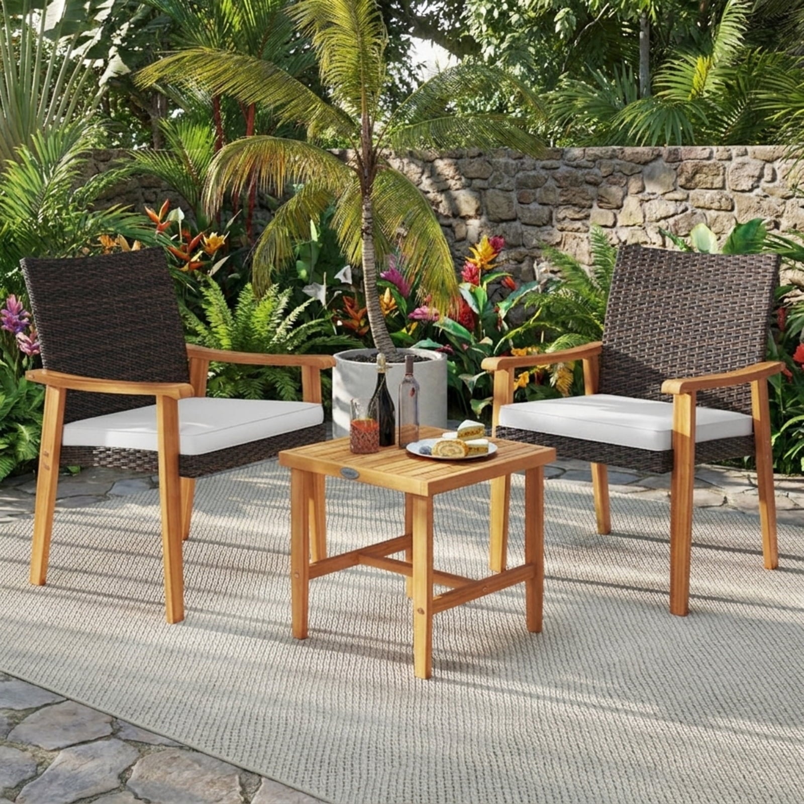 Biotree 3 Pieces Patio PE Wicker Furniture Set Acacia Wood Outdoor Conversation Bistro Set Outdoor Conversation Set for Garden Backyard PorchWhite