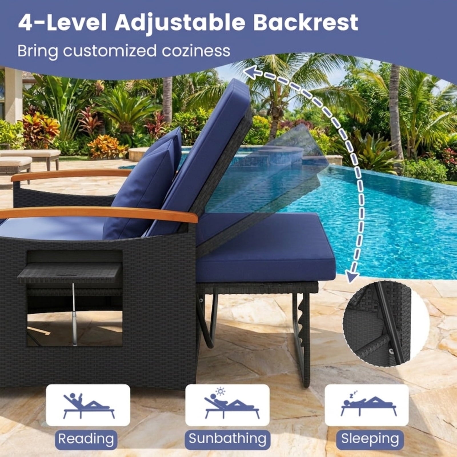 Biotree Outdoor Wicker Daybed with Folding Panels and Storage Ottoman Stackable Patio Chair for Garden BackyardDark Blue