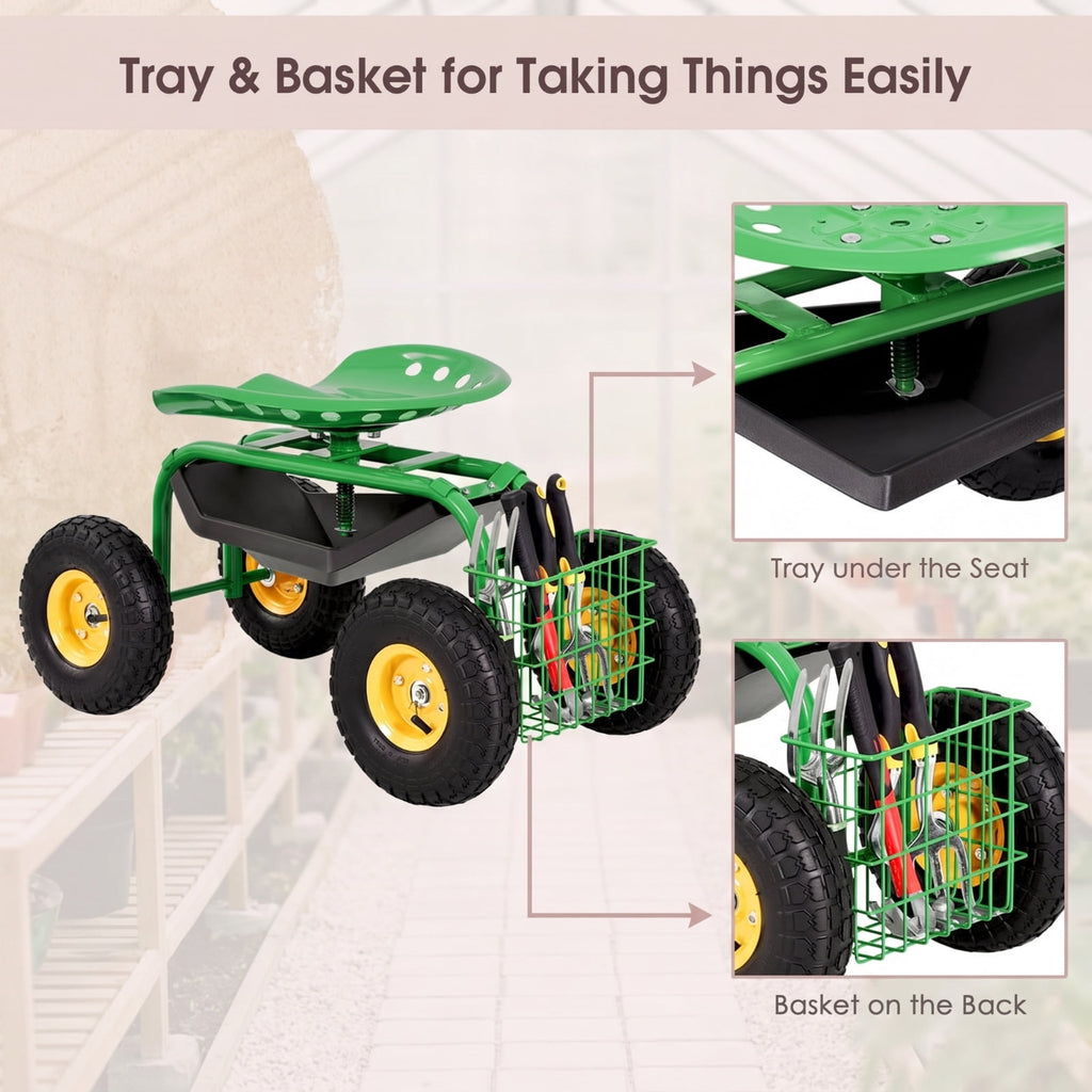 Biotree Rolling Garden Cart with Seat, 360¡ãSwivel Seat Adjustable Height ,330lbs Load Capacity, Wagon Scooter with Storage Bracket and Tool Tray, Suitable for Patio Yard, Green