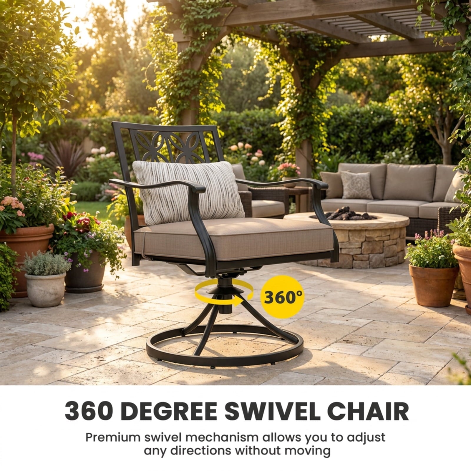 Biotree 2 Pieces Patio Swivel Chairs with Blossom Pattern Backrest and Cushions Stackable Patio Chair for Garden BackyardBlack