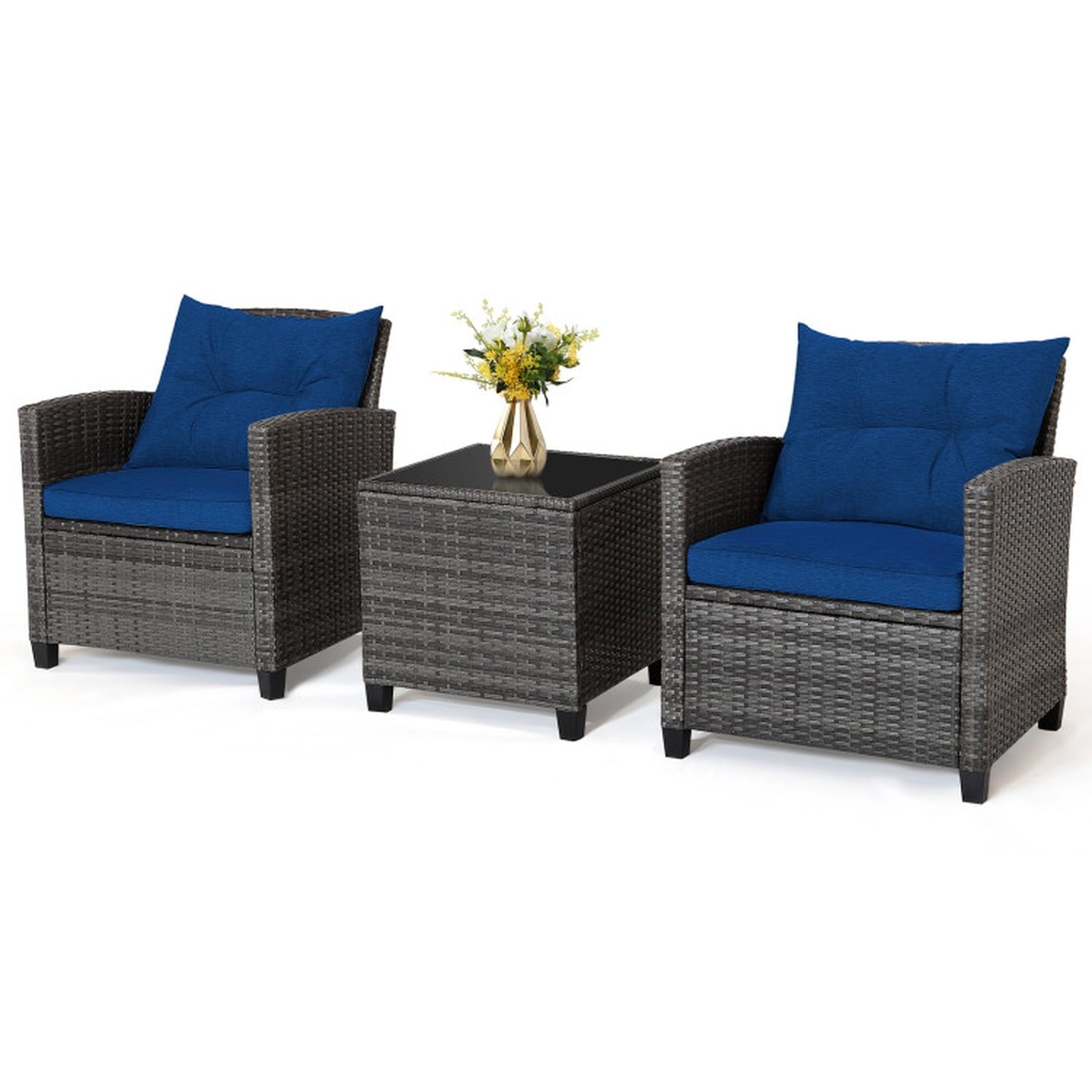 Biotree 3 Pieces Outdoor Wicker Conversation Set with Tempered Glass Tabletop Outdoor Conversation Set for Garden Backyard PorchNavy
