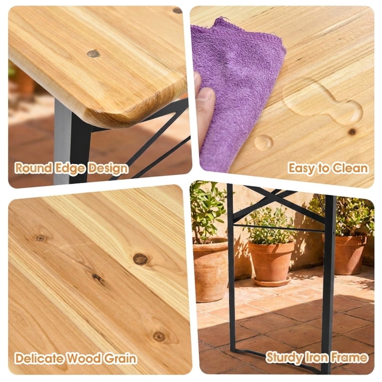 Biotree 70-Inch 3 Pieces Folding Wooden Picnic Table Bench Set, Natural Black