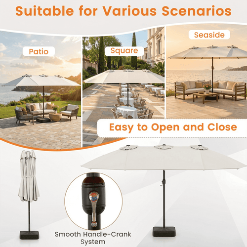 Biotree 15 Feet Double-Sided Twin Patio Umbrella with Crank and Base-Beige Beige Brown Blue Grey Orange Red Turquoise Black