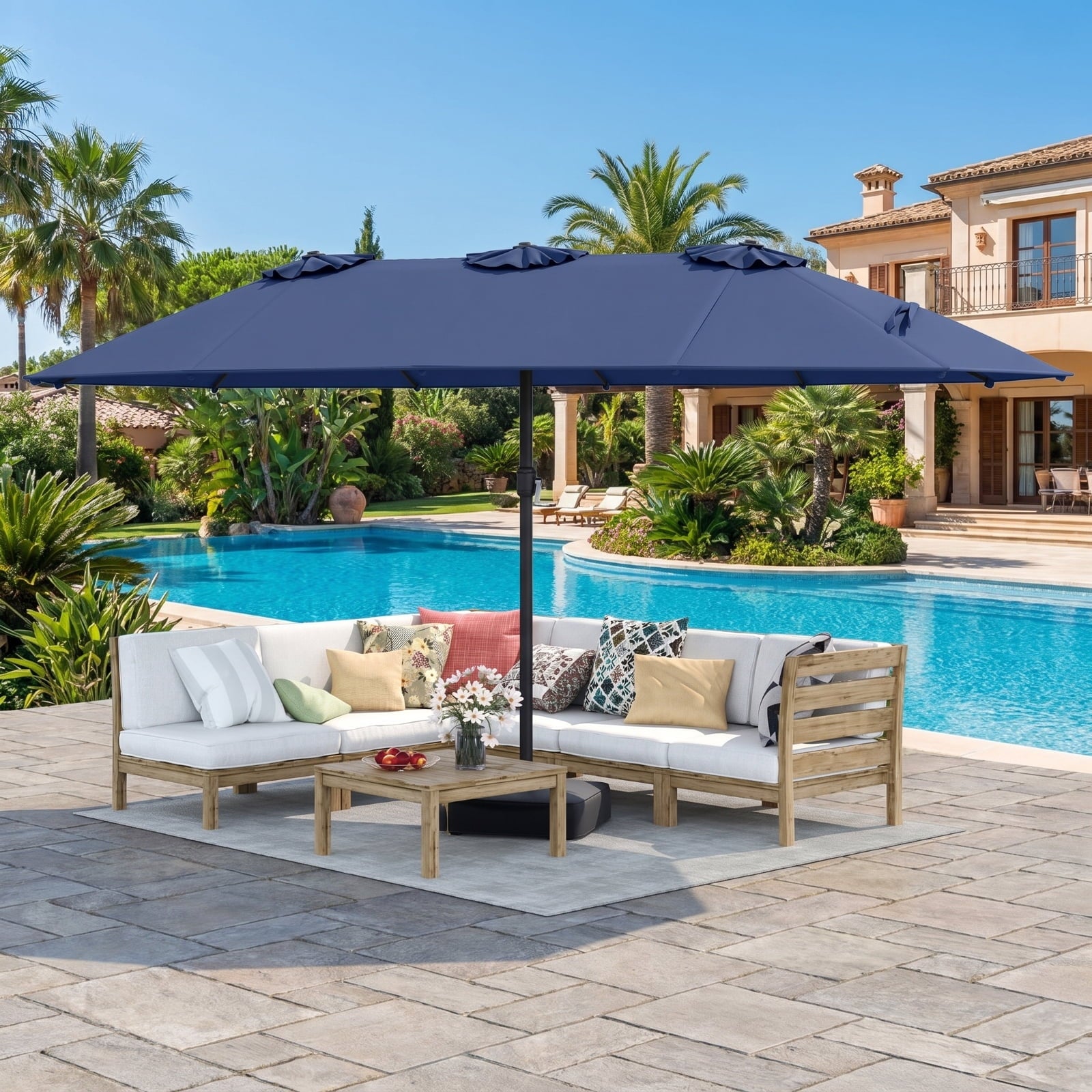 Biotree 15 ft Double-Sided Twin Patio Umbrella Crank Tilt Outdoor Shade - Blue - UV Protection with Cross Base