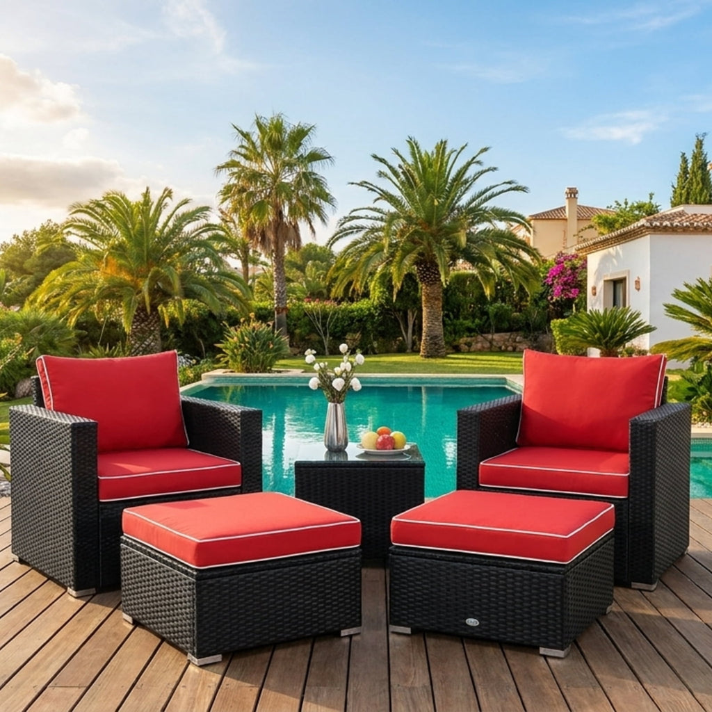 Biotree 5 Pieces Patio Rattan Sofa Ottoman Furniture Set with Cushions Outdoor Conversation Set for Garden Backyard PorchRed
