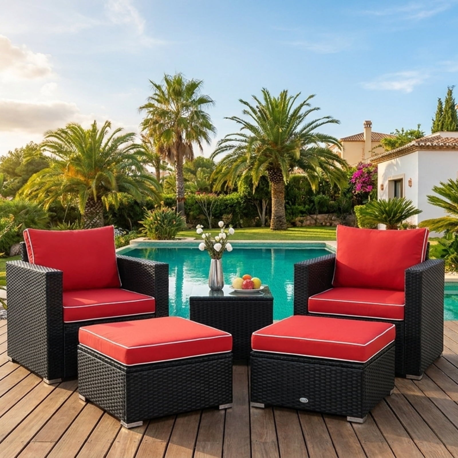 Biotree 5 Pieces Patio Rattan Sofa Ottoman Furniture Set with Cushions Outdoor Conversation Set for Garden Backyard PorchRed