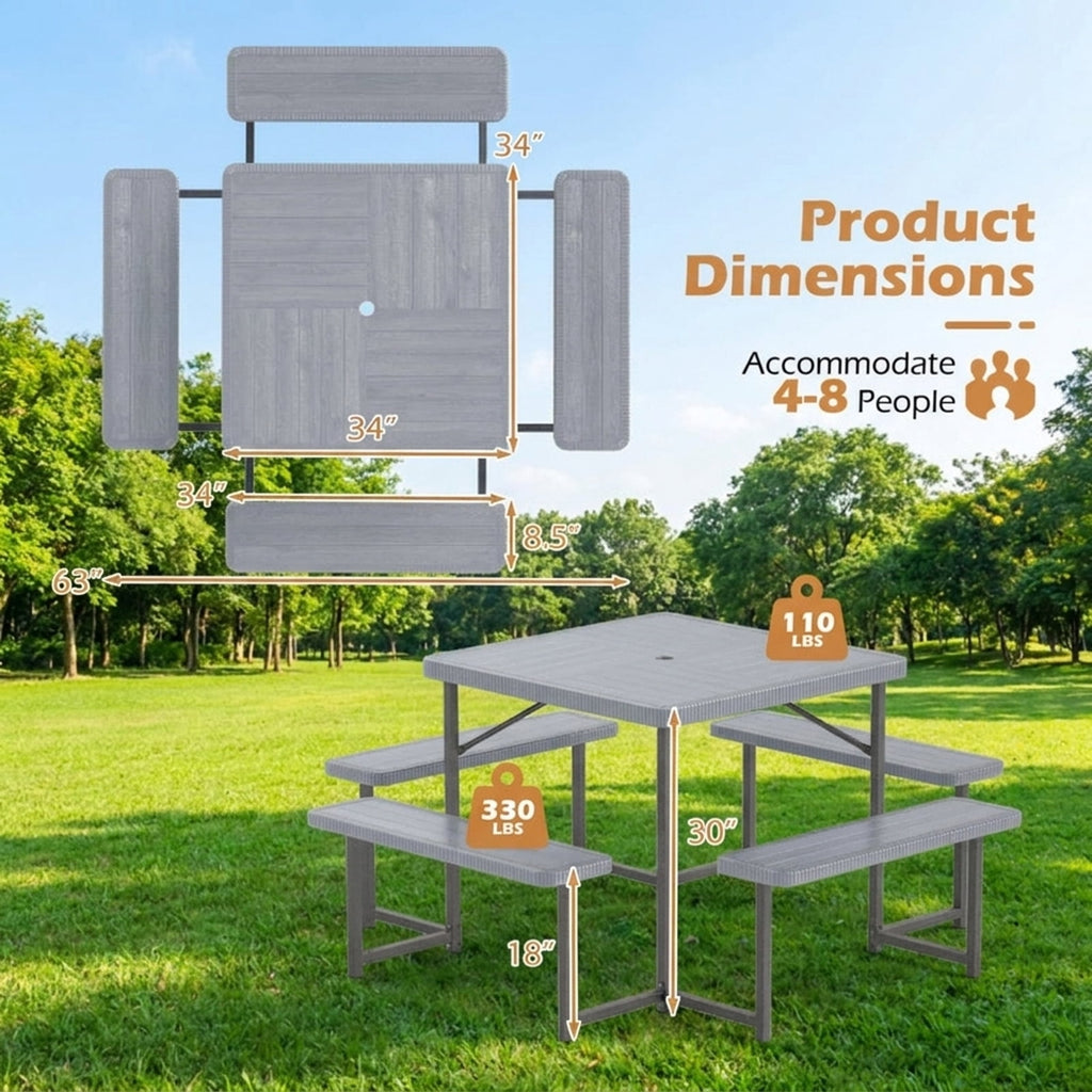 Biotree 63-Inch Outdoor Square Picnic Table Bench Set for 4-8 People with Umbrella Hole, Gray