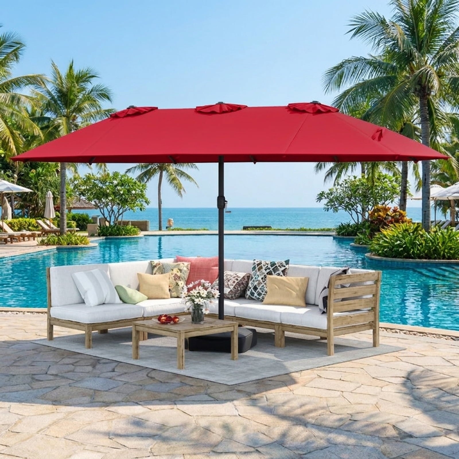 Biotree 15 ft Double-Sided Twin Patio Umbrella Crank Tilt Outdoor Shade - Red - UV Protection with Cross Base