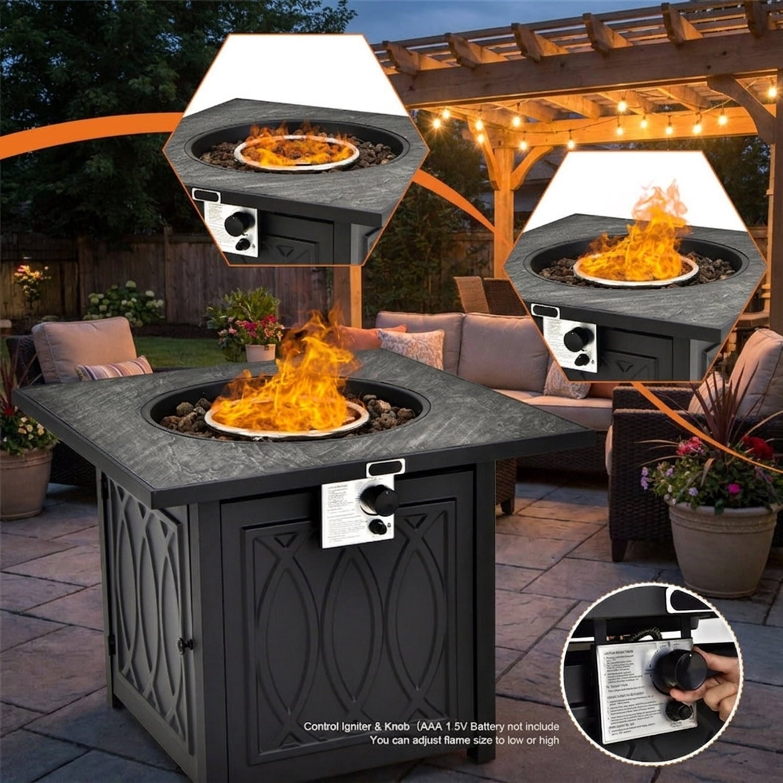 Biotree 32 Inch Propane Fire Pit Table Square Tabletop with Lava Rocks Cover 50000 BTU for Outdoor Patio Backyard Garden Camping, Black