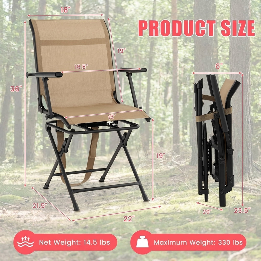 Biotree 360 Degree Swivel Hunting Chair Foldable Outdoor Camp Chair with Armrest and Breathable Mesh Back for Camping Fishing, Brown