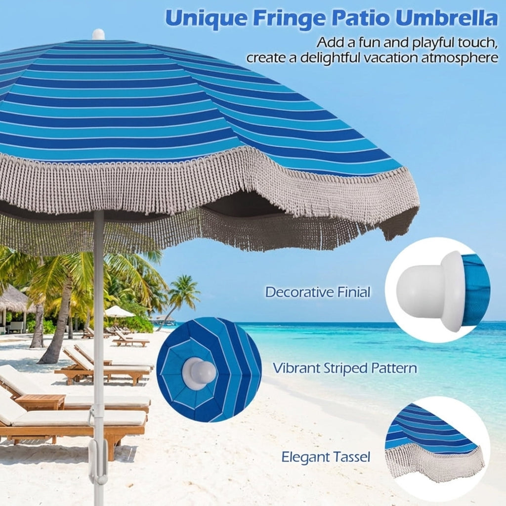 Biotree 6 ft Beach Tassel Fringe Patio Umbrella Crank Tilt Outdoor Shade - Blue - UV Protection with Cross Base