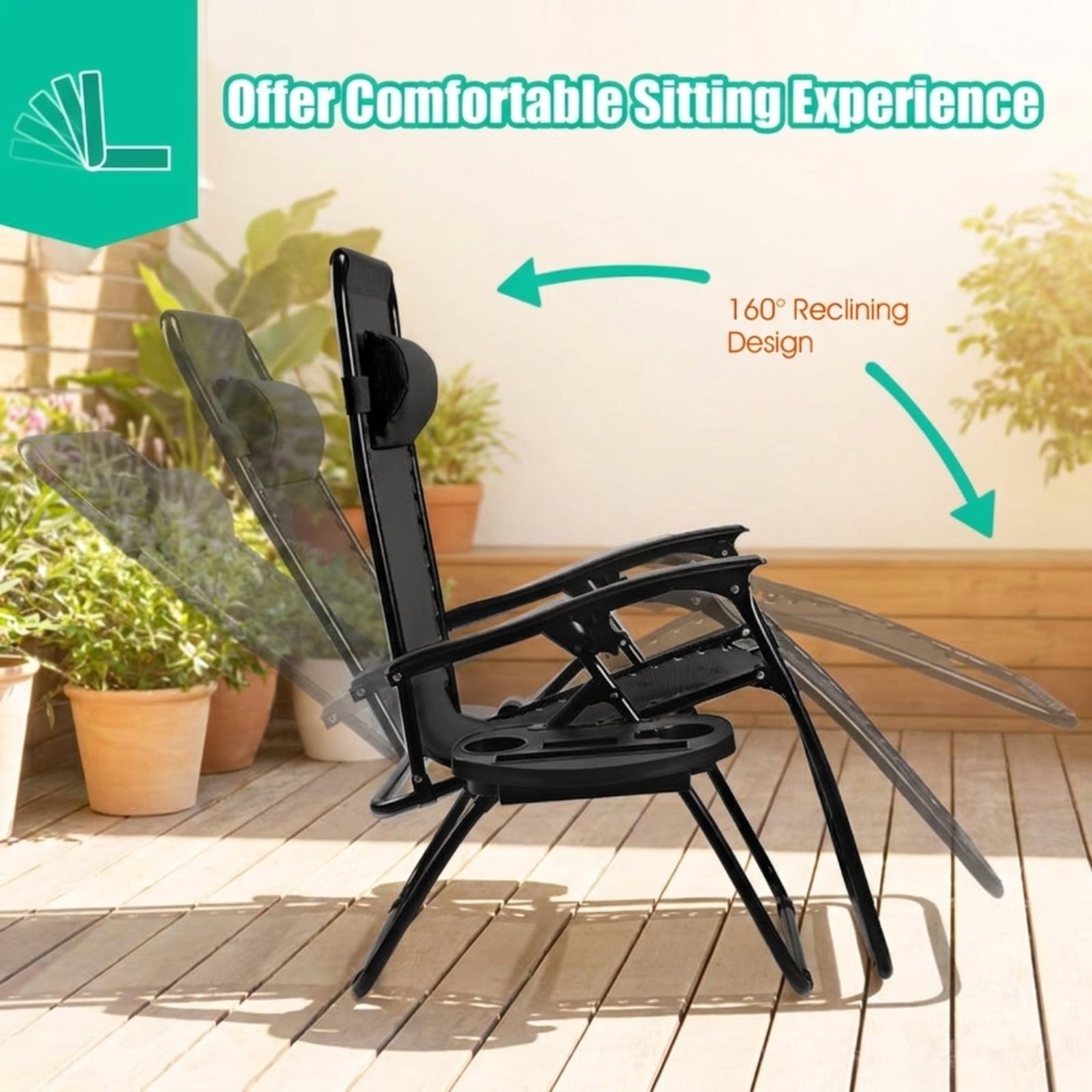 Biotree 2 Pieces Folding Recliner Zero Gravity Lounge Chair Stackable Patio Chair for Garden BackyardBlack