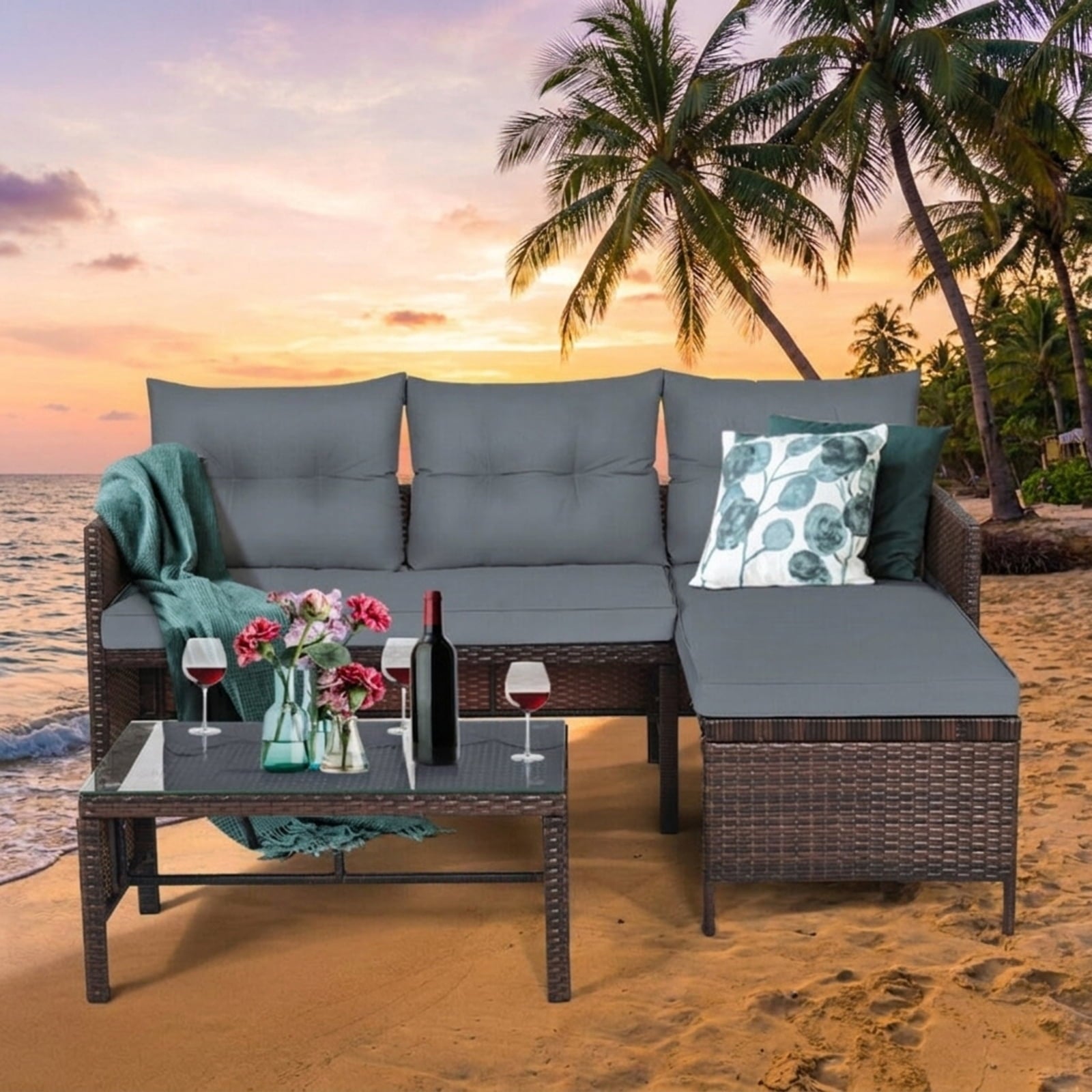Biotree 3 Pieces Patio Wicker Rattan Sofa Set Outdoor Conversation Set for Garden Backyard PorchGray