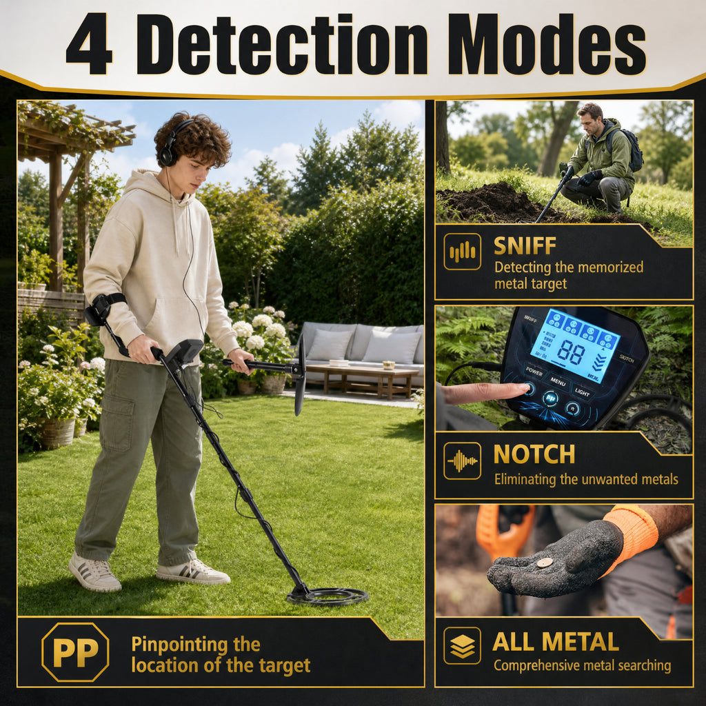 Biotree Metal Detector with Backlit LCD, 4 Detection Modes, 10-Inch Detection Depth, Waterproof 9.5-Inch Coil and Accessories, Black