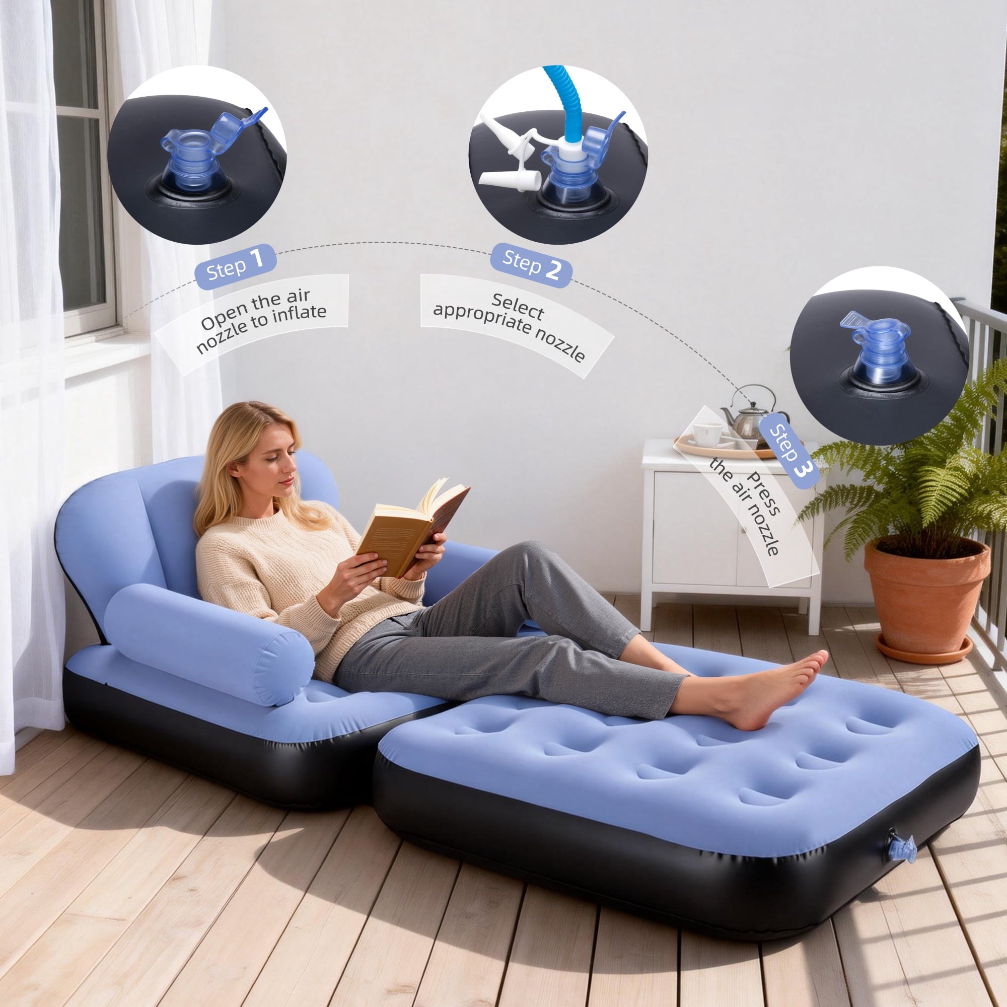 Biotree Inflatable Sofa Bed, 5-in-1 Foldable Thickened Flocked PVC Blow up Sofa with 2 Pumps, Air Couch Mattress for Camping,Blue