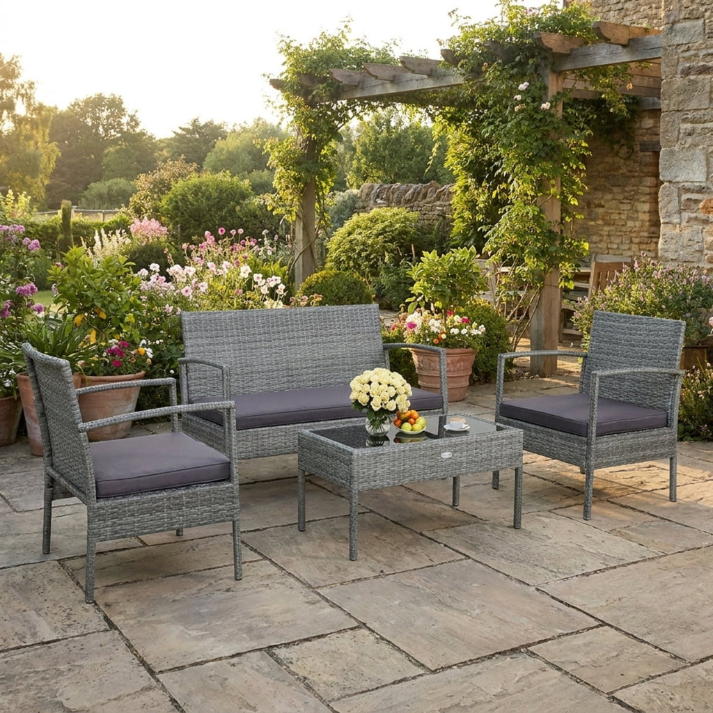 Biotree 4 Pieces Outdoor Rattan Conversation Set with Comfortable Cushion Outdoor Conversation Set for Garden Backyard PorchGrey