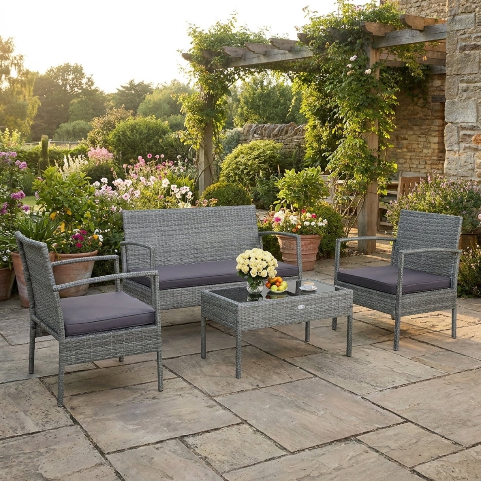 Biotree 4 Pieces Outdoor Rattan Conversation Set with Comfortable Cushion Outdoor Conversation Set for Garden Backyard PorchGrey