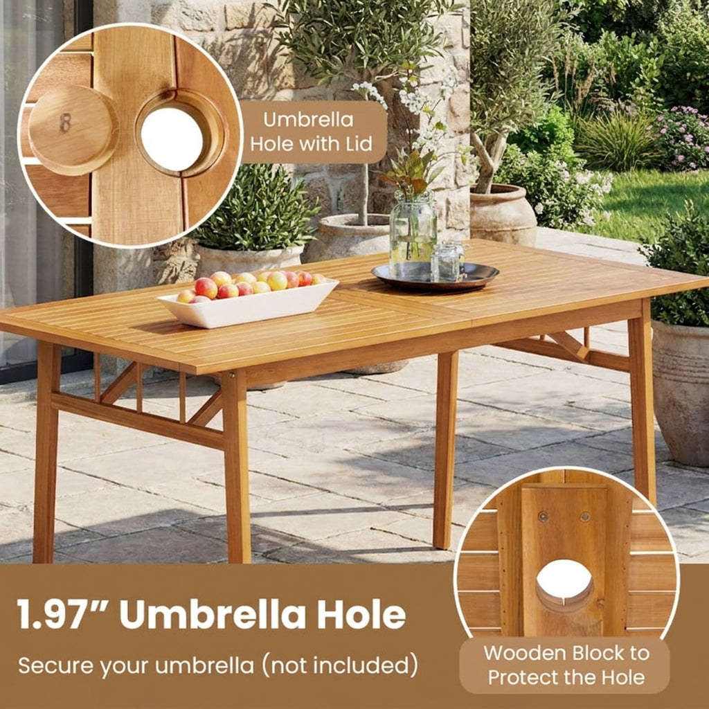 Biotree 63-Inch Outdoor Wooden Dining Table with Umbrella Hole and Stable Base, Natural