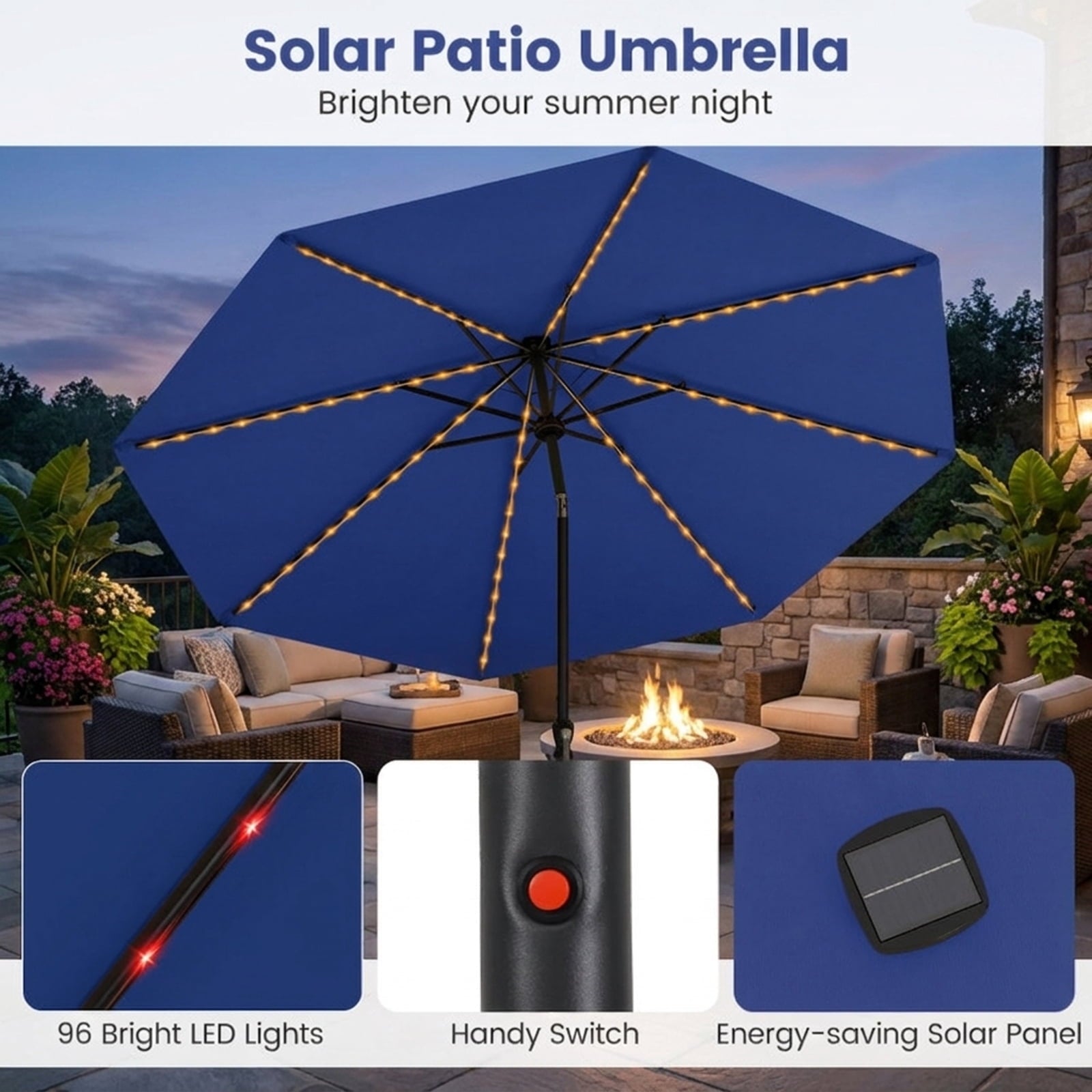 Biotree 10 ft Market Patio Umbrella with Crank and Tilt, 8 Sturdy Ribs, Vented Canopy - Navy Blue for Backyard