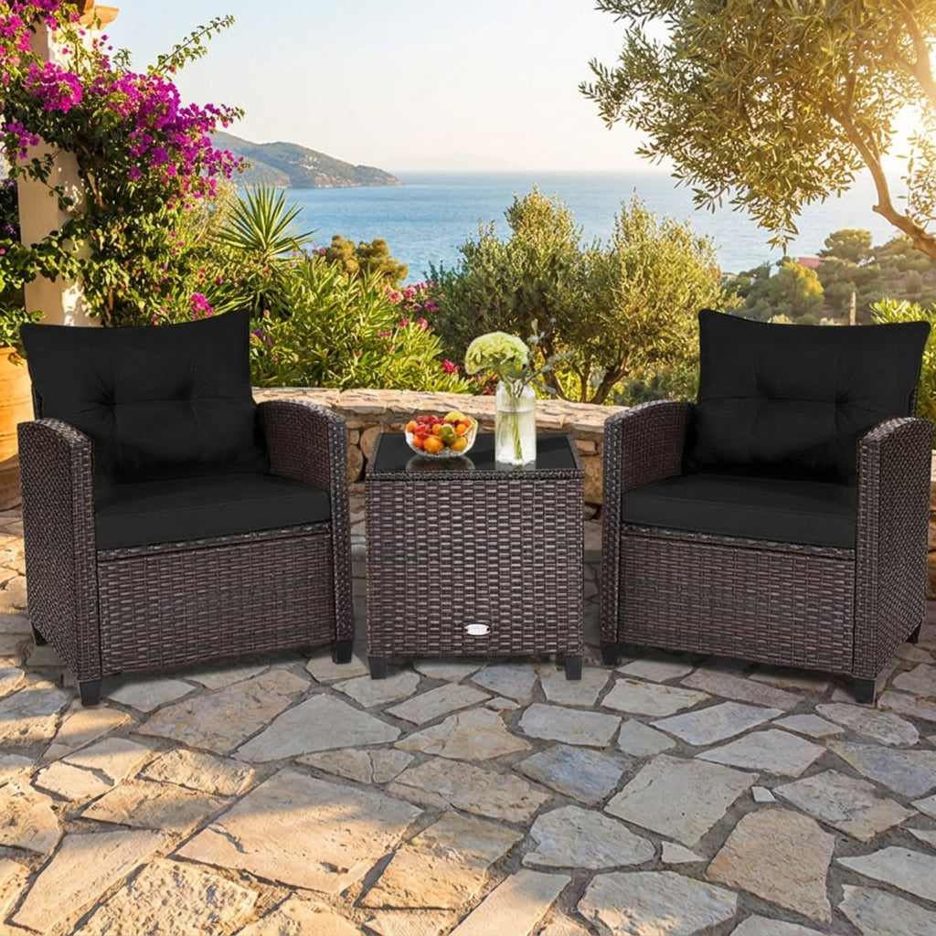 Biotree 3 Pcs Patio Rattan Furniture Set Cushioned Conversation Set Coffee Table Outdoor Conversation Set for Garden Backyard PorchBlack
