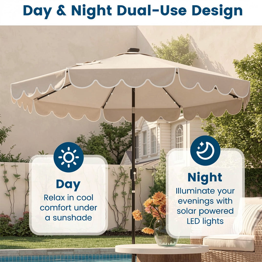 Biotree 9.3 Feet Solar Patio Umbrella with 24 LED Lights Vented Top and Ruffles-Beige Outdoor Backyard