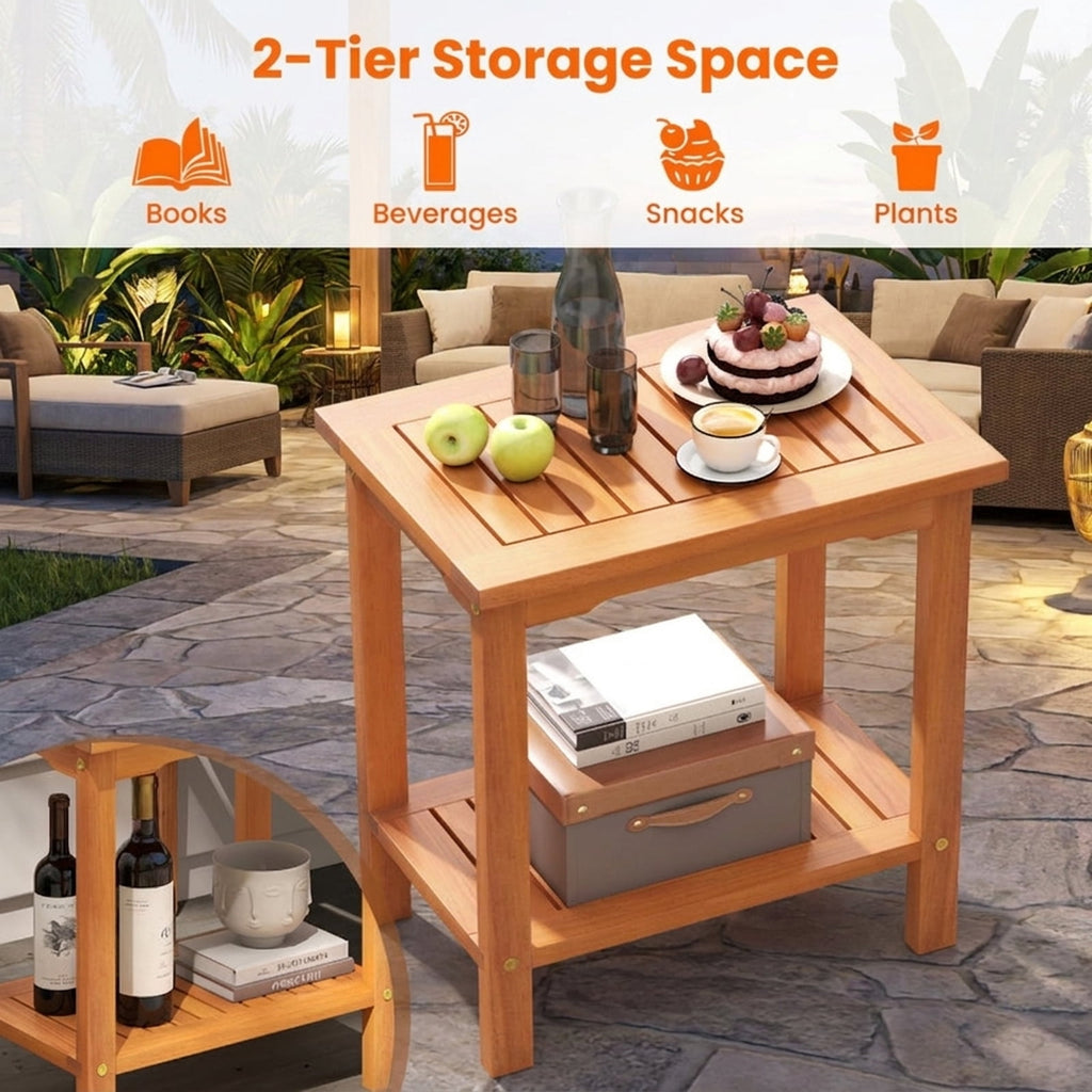 Biotree 2-Tier Outdoor Acacia Wood Side Table with Slatted Tabletop and Storage Shelf, Natural