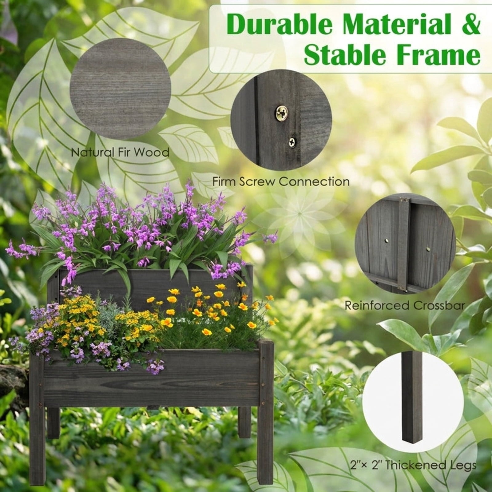 Biotree 2 Tier Wooden Raised Garden Bed with Legs Drain Holes, 34x33.5x28.5 Inch Stacked Fir Wood Elevated Planter Box for Vegetables Flowers Herbs, Gray