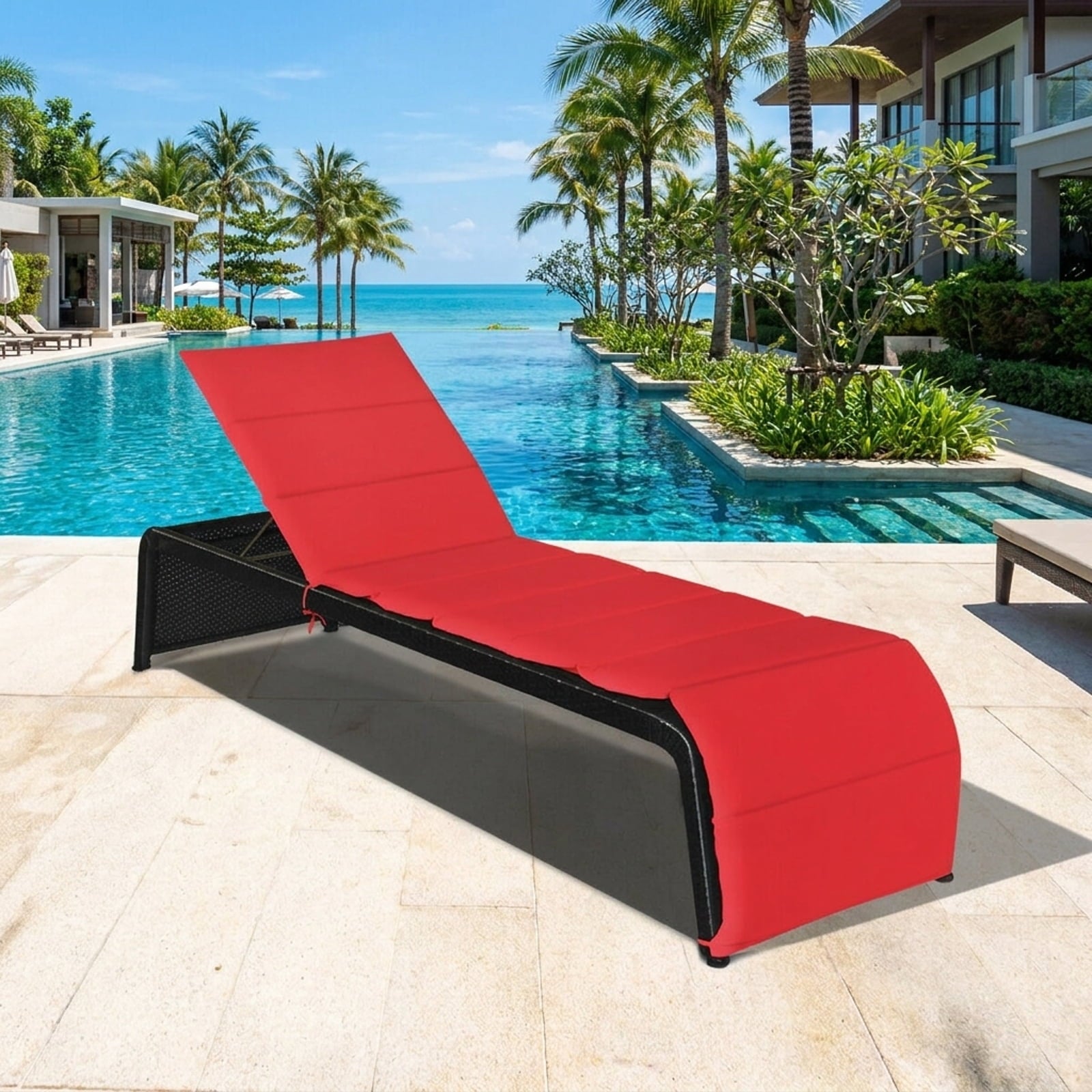 Biotree Patio Rattan Lounge Chair Back Adjustable Chaise Recliner with Cushioned Stackable Patio Chair for Garden BackyardRed
