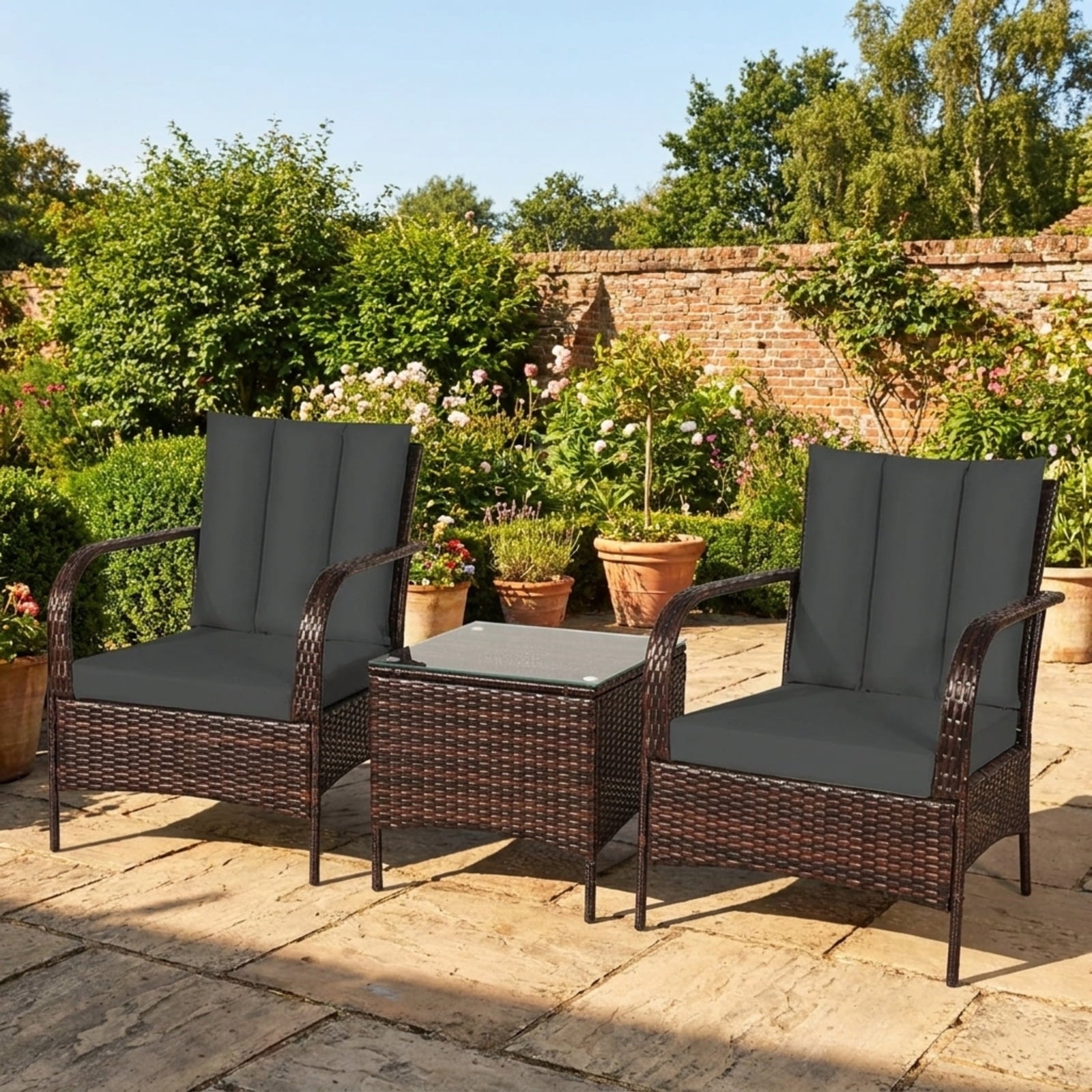Biotree 3 Pcs Patio Conversation Rattan Furniture Set with Glass Top Coffee Table and CushionsGray