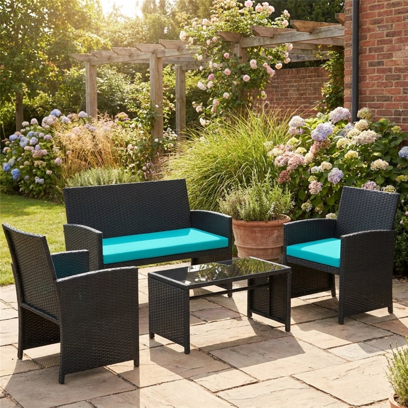 Biotree 4 Pieces Patio Furniture Set with Tempered Glass Tabletop and Removable Cushion Outdoor Conversation Set for Garden Backyard PorchTurquoise