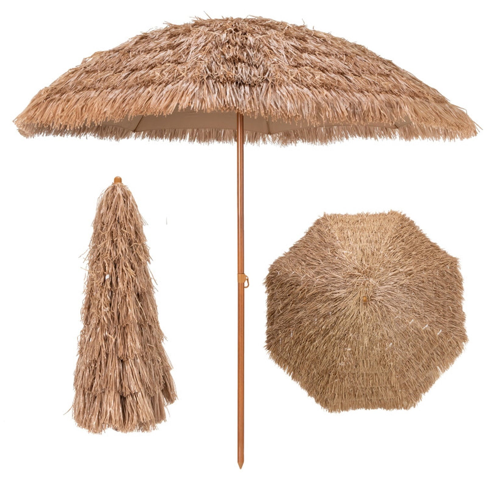 Biotree 8 ft Thatched Tiki Patio Umbrella Crank Tilt Outdoor Shade - Natural - UV Protection with Cross Base